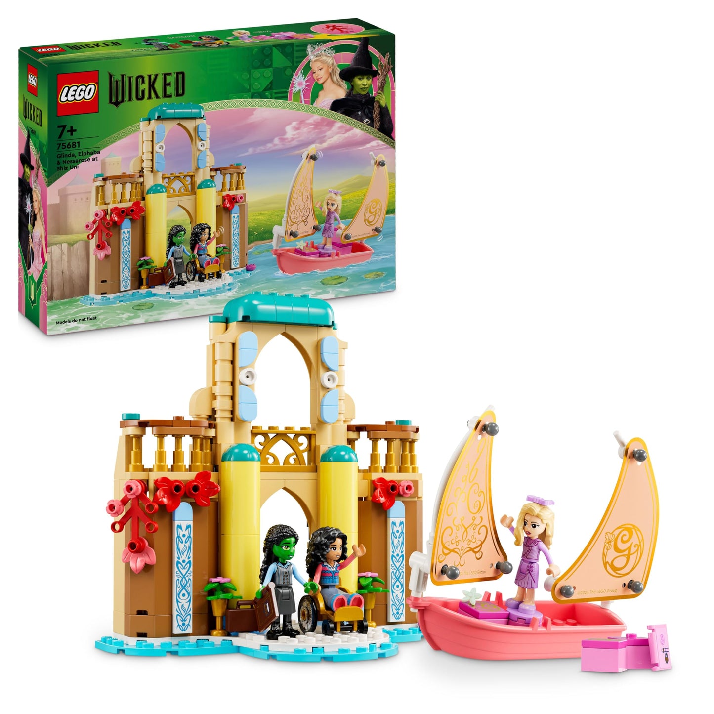 LEGO Wicked Glinda, Elphaba and Nessarose at Shiz University - toy with boat, 3 minifigures and fun accessories - birthday gift for girls and boys aged 7 and up and film fans - 75681