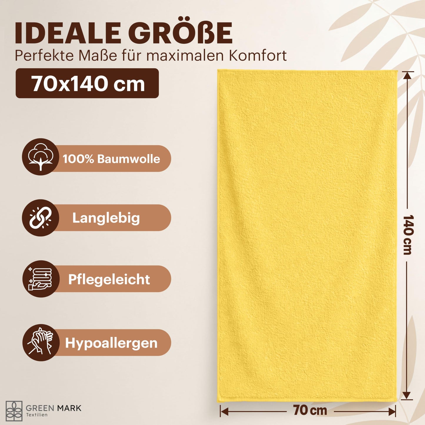 NatureMark 4-piece shower towel set - soft and absorbent shower towels made from 100% cotton, suitable for everyday use - yellow, 70x140 cm - NM-HT0724