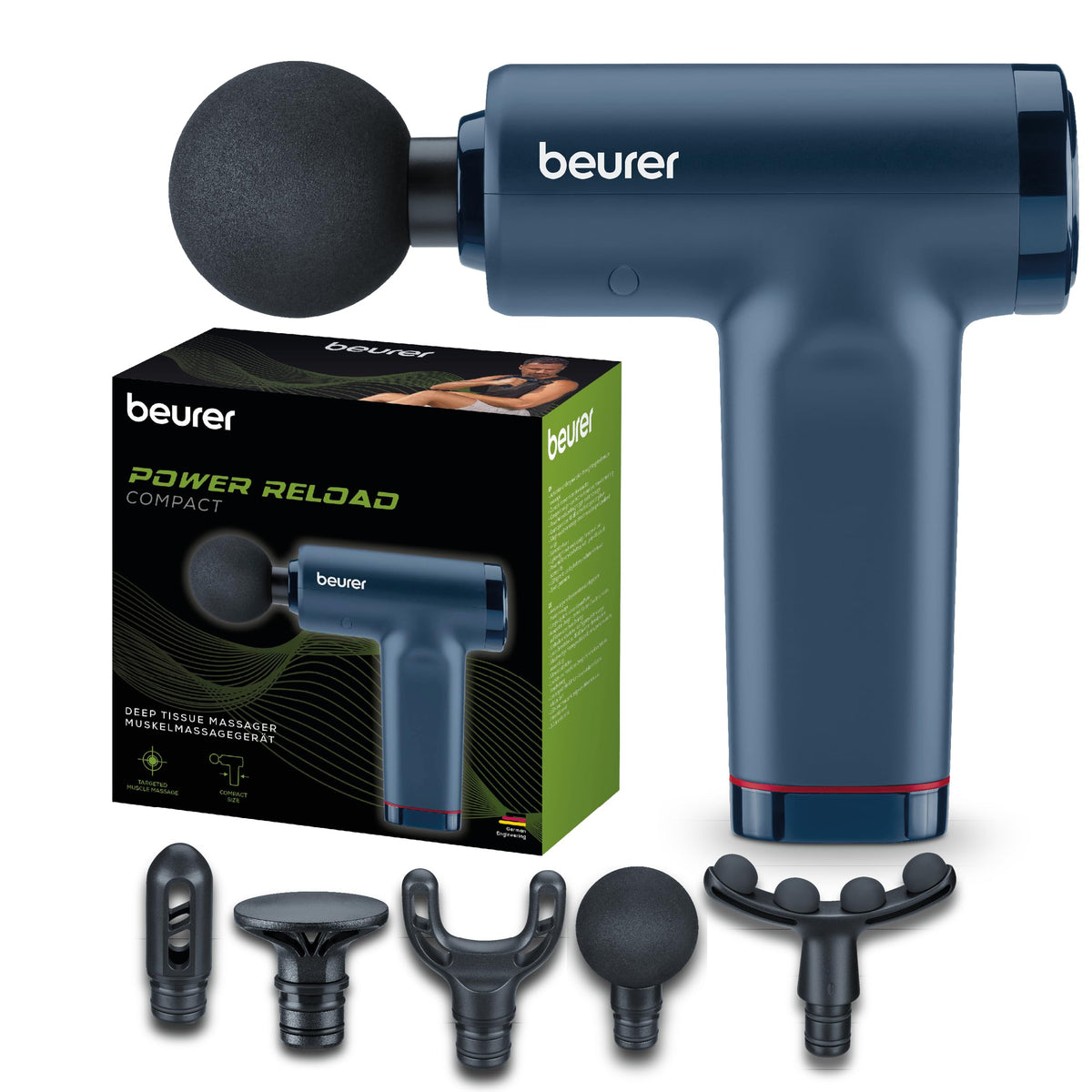 Beurer PowerReload compact Massagepistole, masaj profesional pentru puncte de trigger pentru relaxare și regenerare, dispozitiv puternic de masaj pentru mușchi cu 5 capete, 5 niveluri de intensitate, extrem de silențios. - 10638