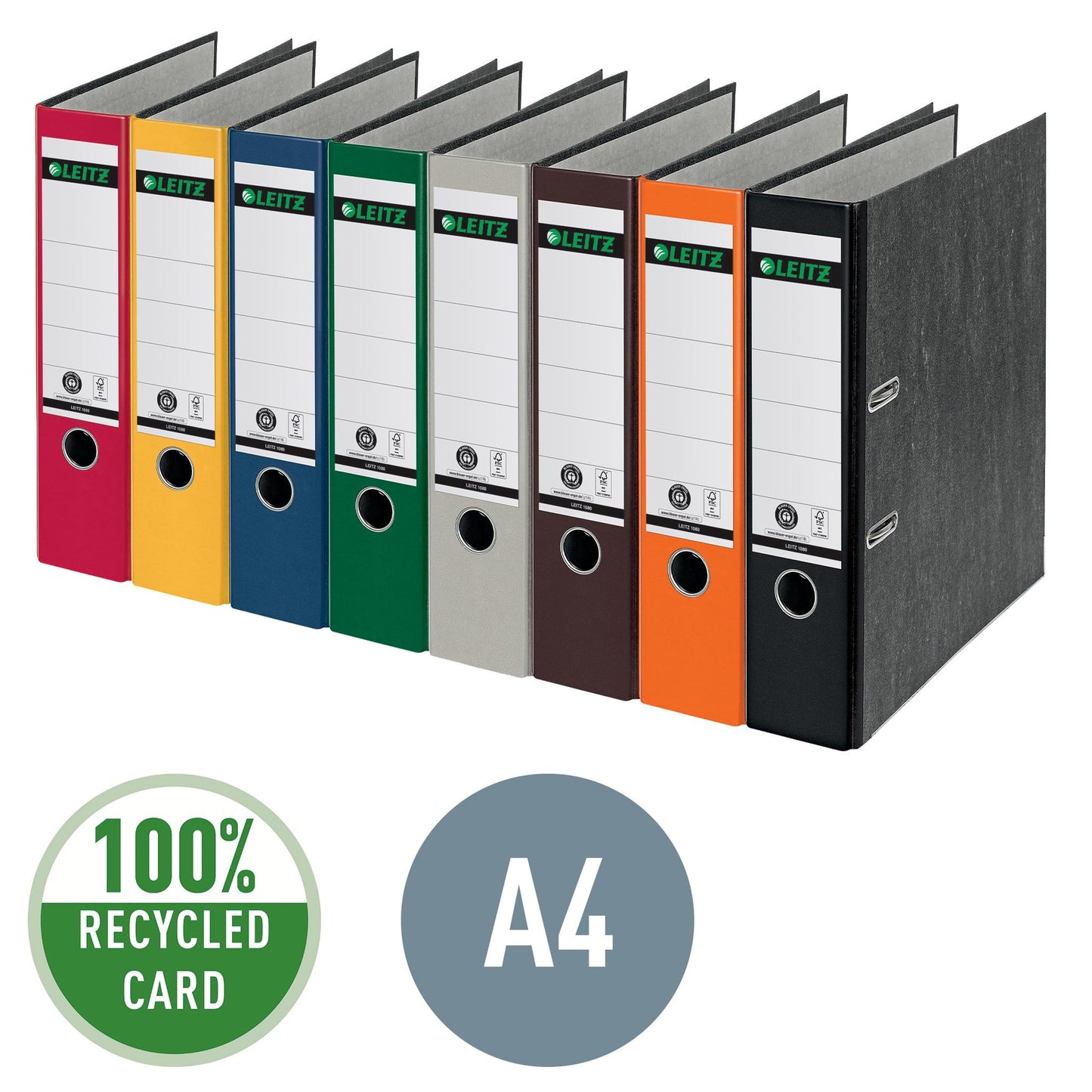 Leitz quality folders 180°, pack of 20, A4, 100 percent recycled cardboard, 8 cm spine width, cloud marble paper, orange spine, 10805045