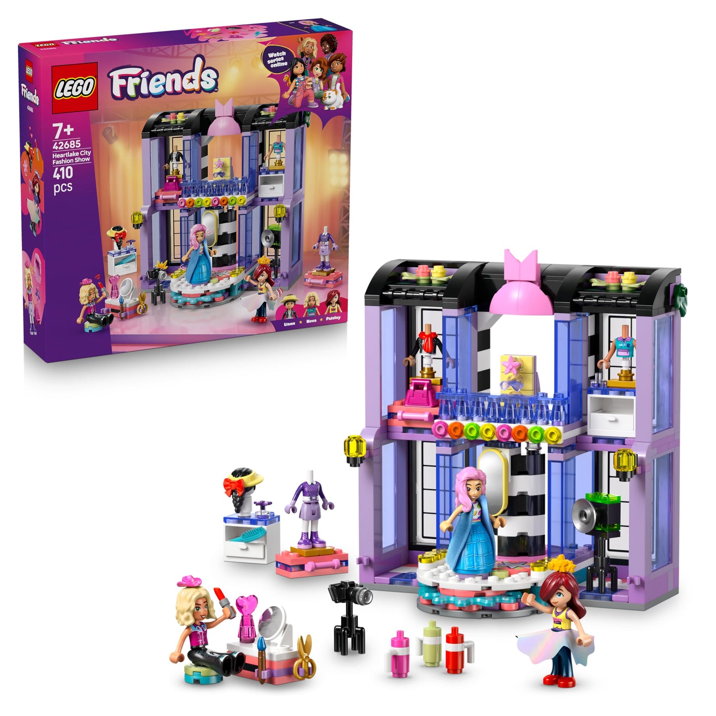 LEGO Friends Fashion Show in Heartlake City - Dress up game with 3 mini dolls, catwalk, customizable outfits including skirt, coat, hats & accessories - Creative gift for girls aged 7 and up - 42685
