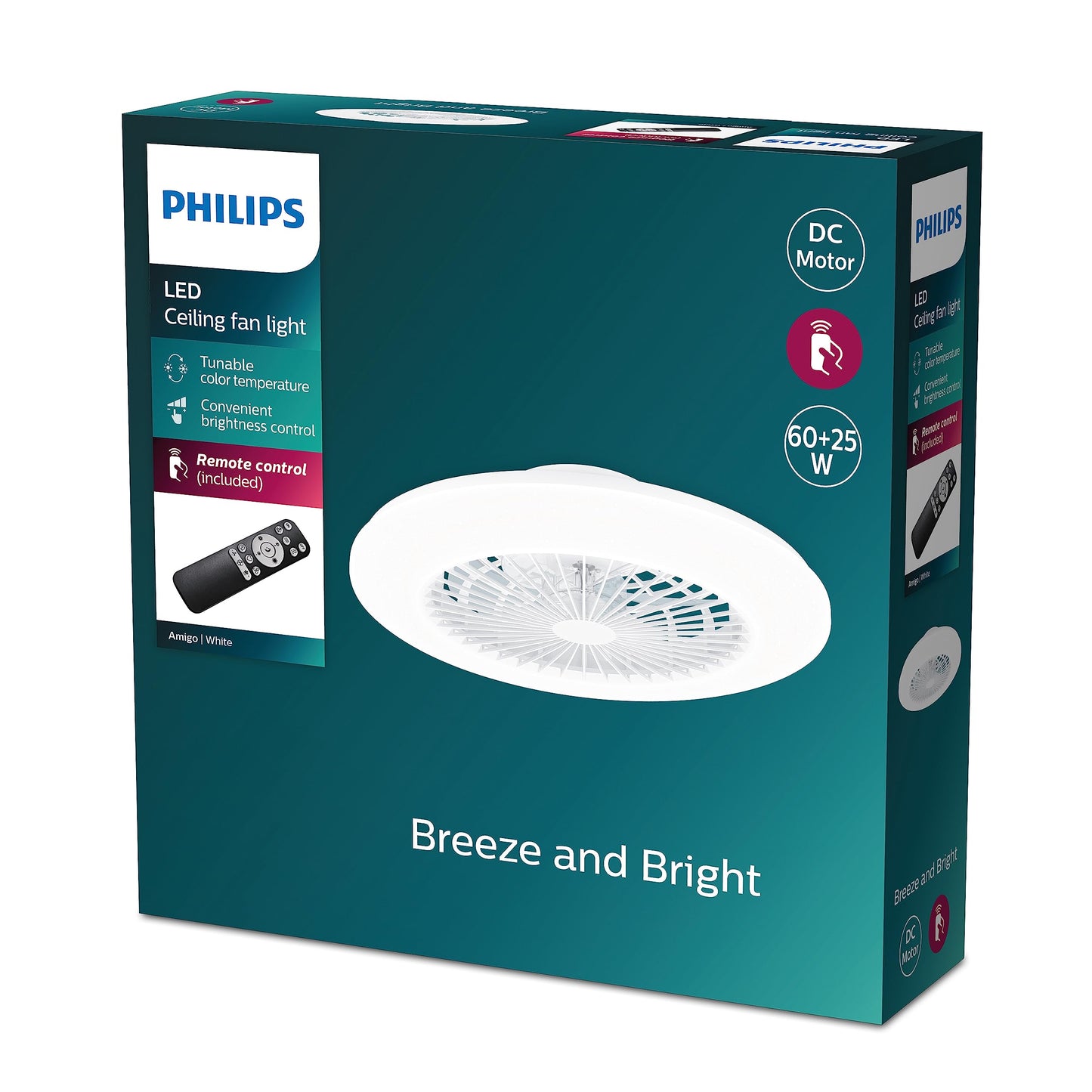 PHILIPS ceiling fan and LED ceiling light Amigo, 25W+60W, diameter 58cm, round, including remote control, white - 929003352501