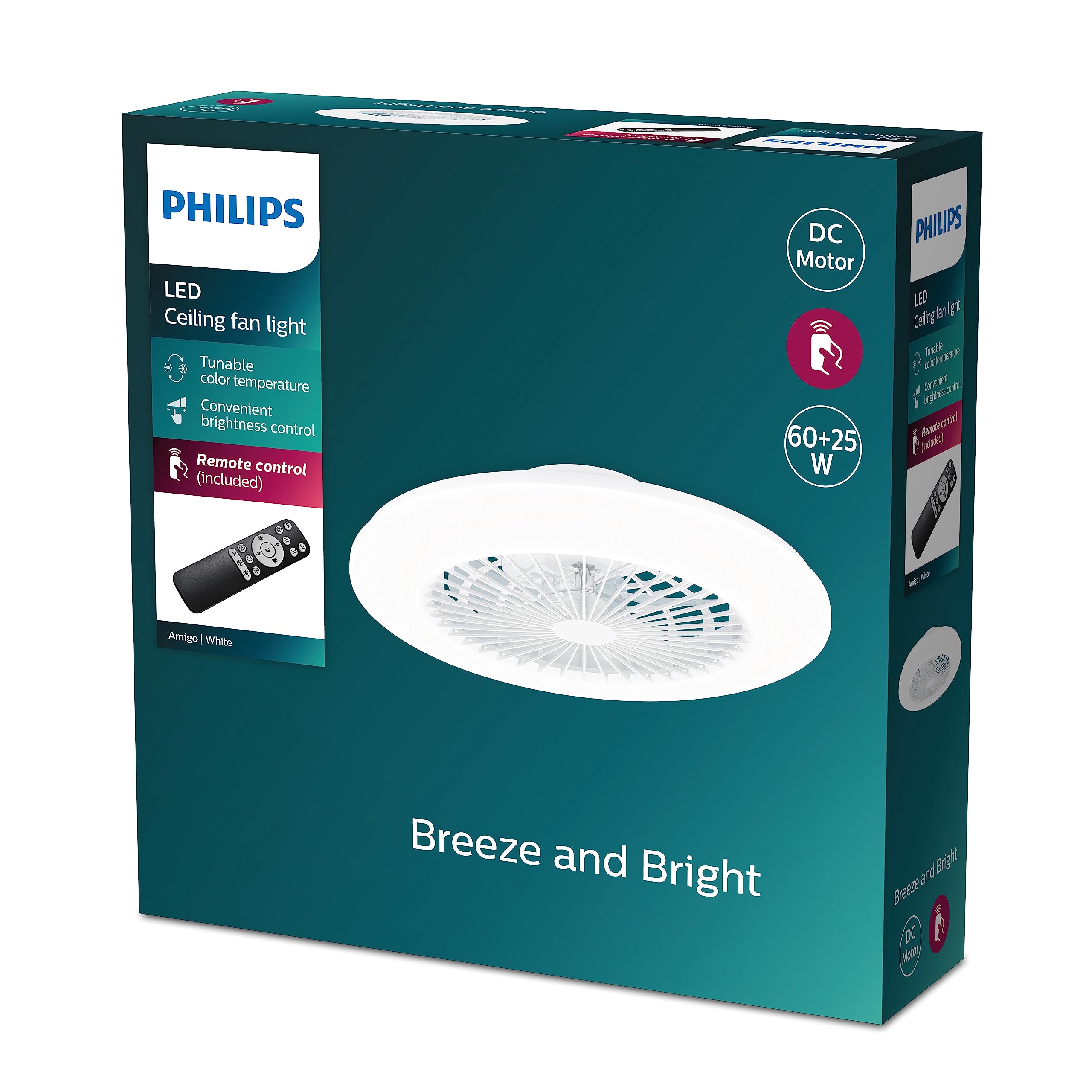 PHILIPS ceiling fan and LED ceiling light Amigo, 25W+60W, diameter 58cm, round, including remote control, white - 929003352501