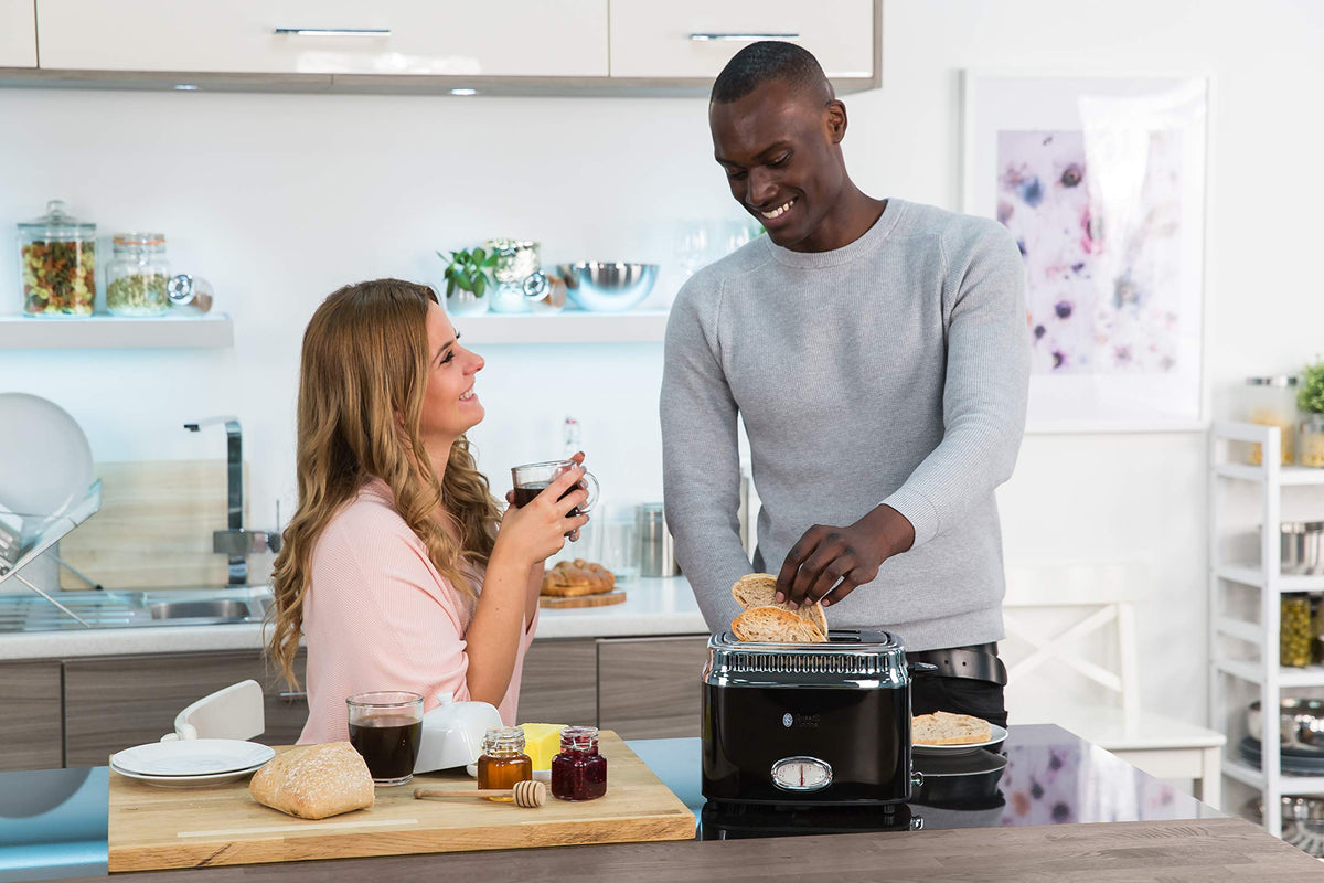 Russell Hobbs Toaster [for 2 slices] Retro Stainless Steel Black (Countdown display in retro design, includes bun warmer, 6 browning levels + defrost & reheat function, 1300W) Vintage 21681-56