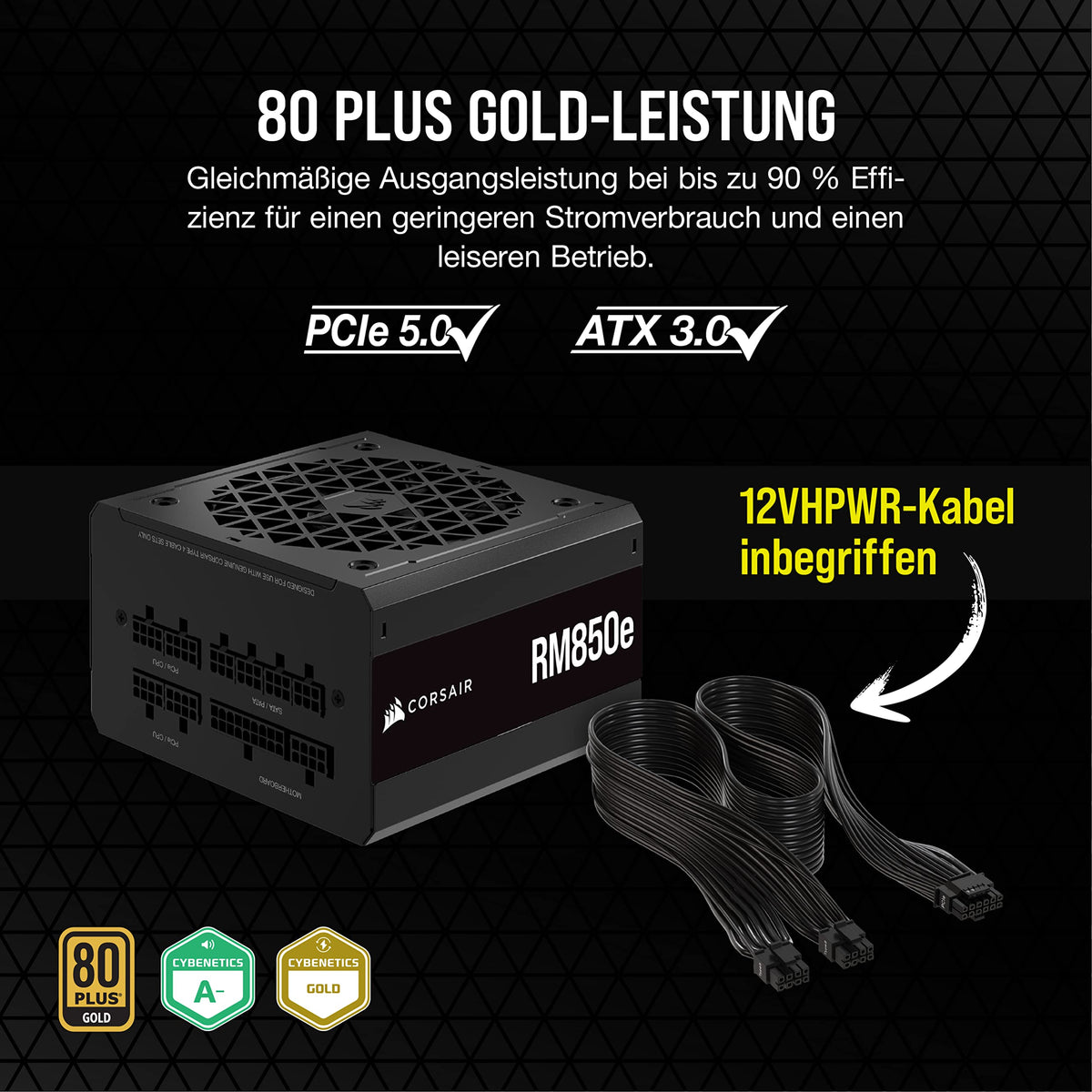 Corsair RM850e (2023) Sursă ATX complet modulară, silențioasă - Compatibilă cu ATX 3.1 și PCIe 5.1 - Condensatori de 105°C - Eficiență 80 PLUS Gold - Suport pentru Modern Standby - Negru - CP-9020263-EU