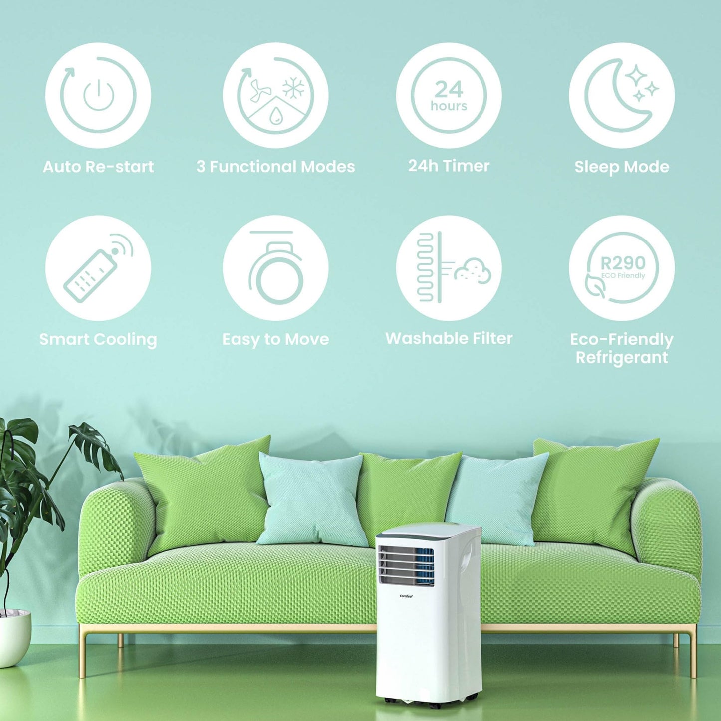 Comfee mobile air conditioner MPPH-09CRN7, 3-in-1 air conditioning with exhaust hose, cooling & dehumidification & ventilation, 9000 BTU, 2.6kW, for rooms approx. 80m³ (31㎡), EEK A
