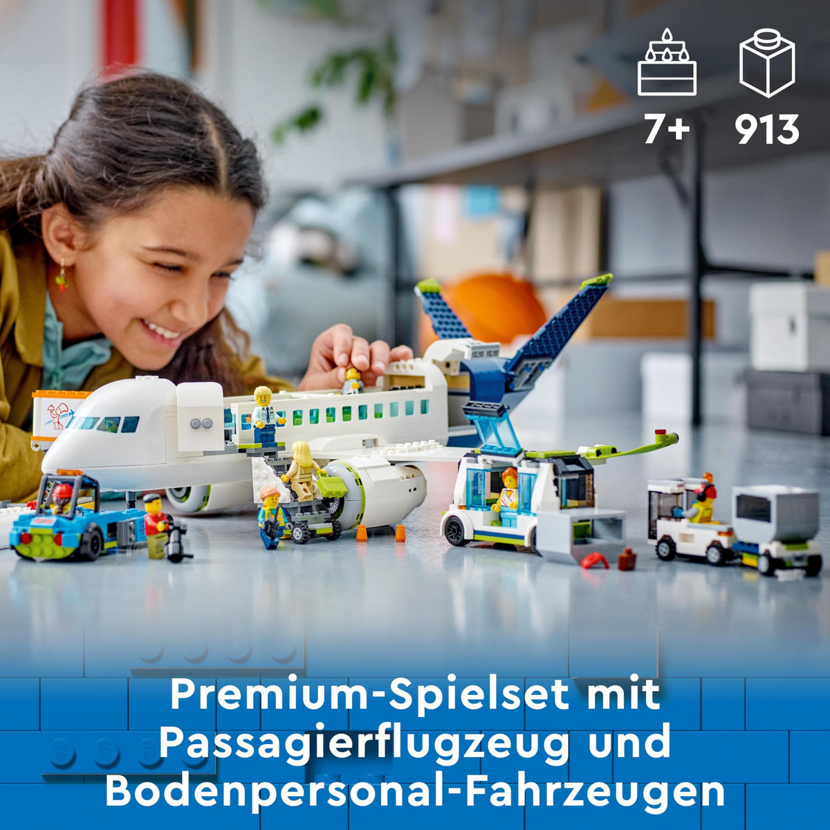 LEGO 60367 City Passenger Airplane Toy Set, large airplane model with airport ground crew vehicles: apron bus, pushback tug, catering loader, baggage cart, and 9 minifigures.