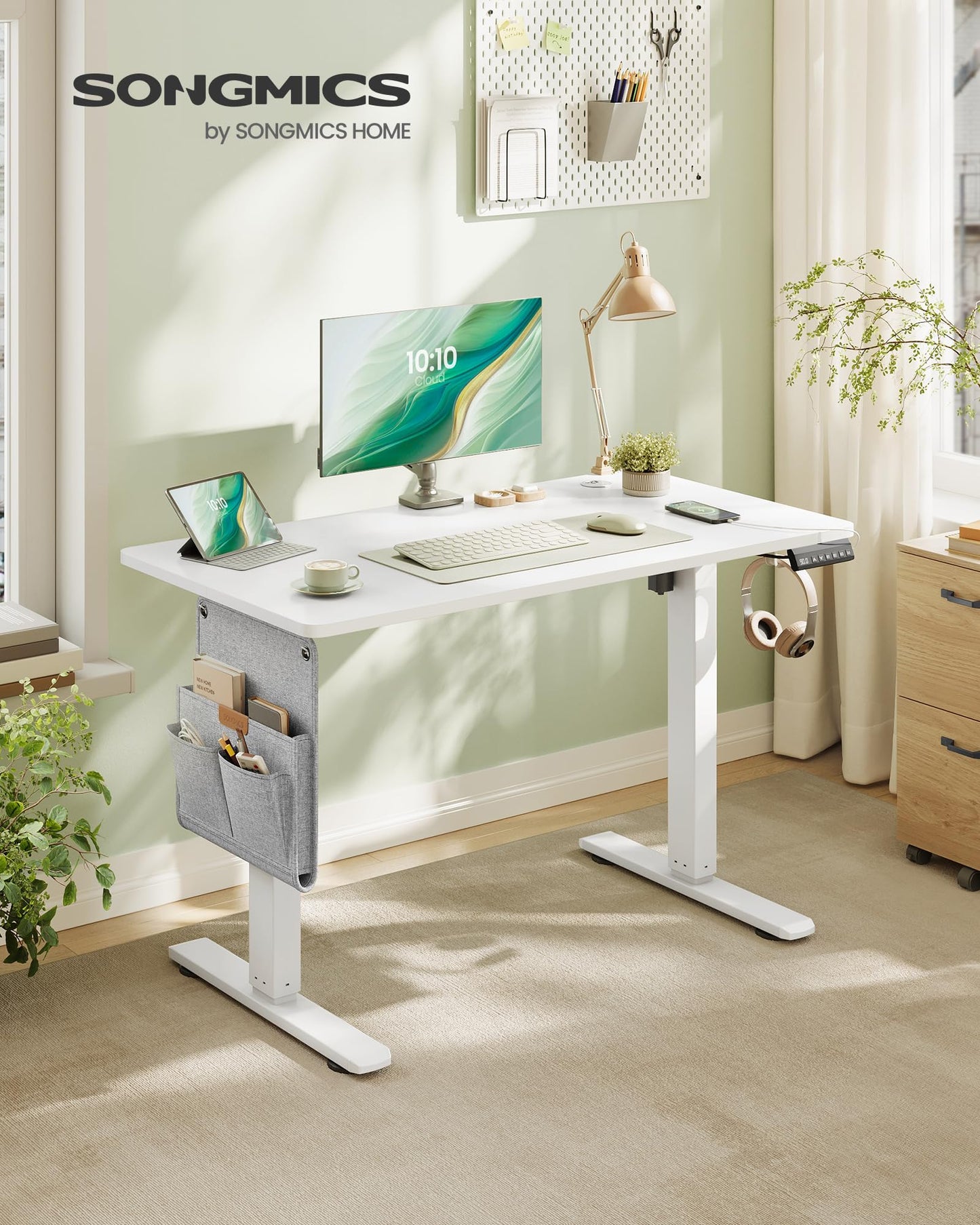 SONGMICS Electric height-adjustable desk, 100 x 60 cm, memory function with 4 heights, USB-C port, cloud white LSD130WZ01