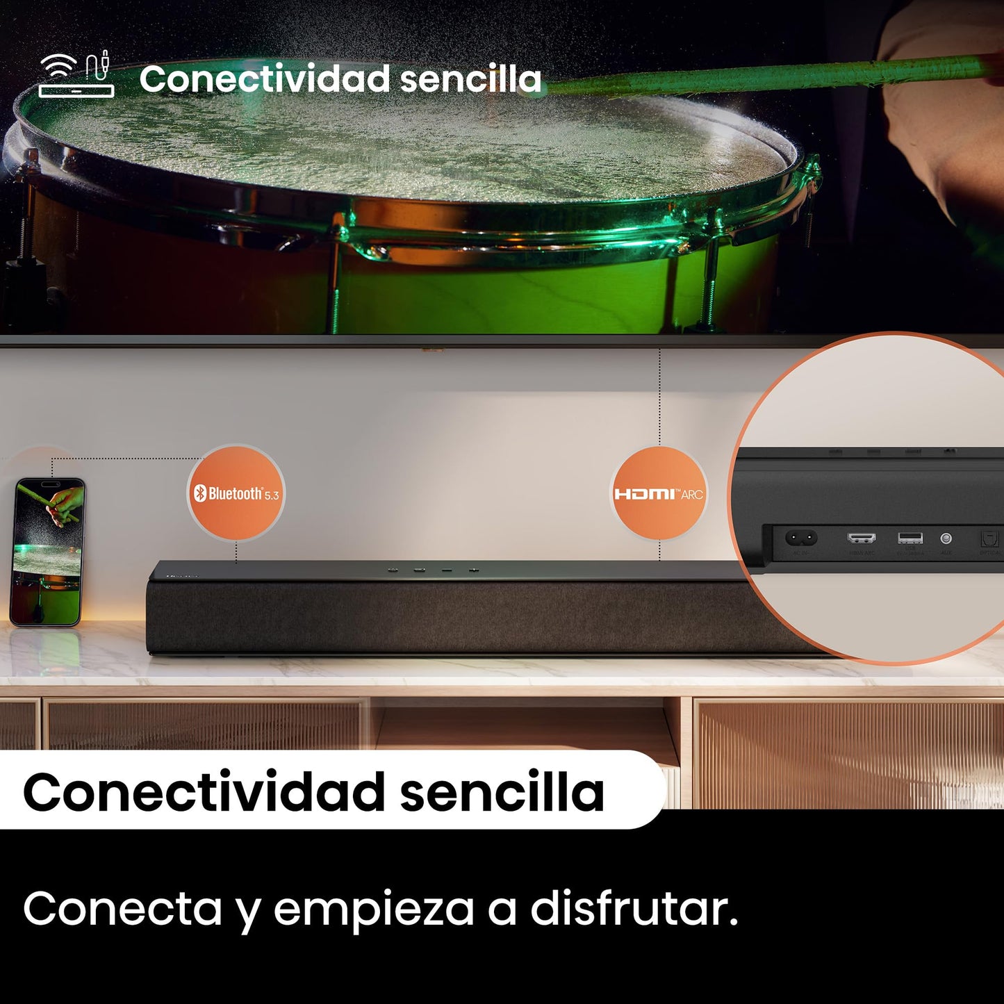 Hisense HS1000, 2.0 channel soundbar, 120W max audio power, Dolby Audio, DTS Virtual:X, Voice Enhanced, TV Mode, EzPlay