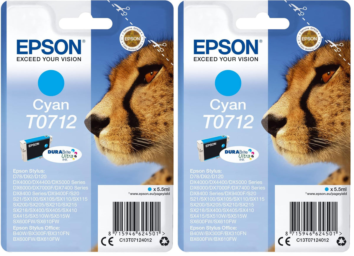 Cyan Epson Original T0712 Cerneală Gepard, rezistentă la apă și ștergere (pachet cu 2) - C13T07114010