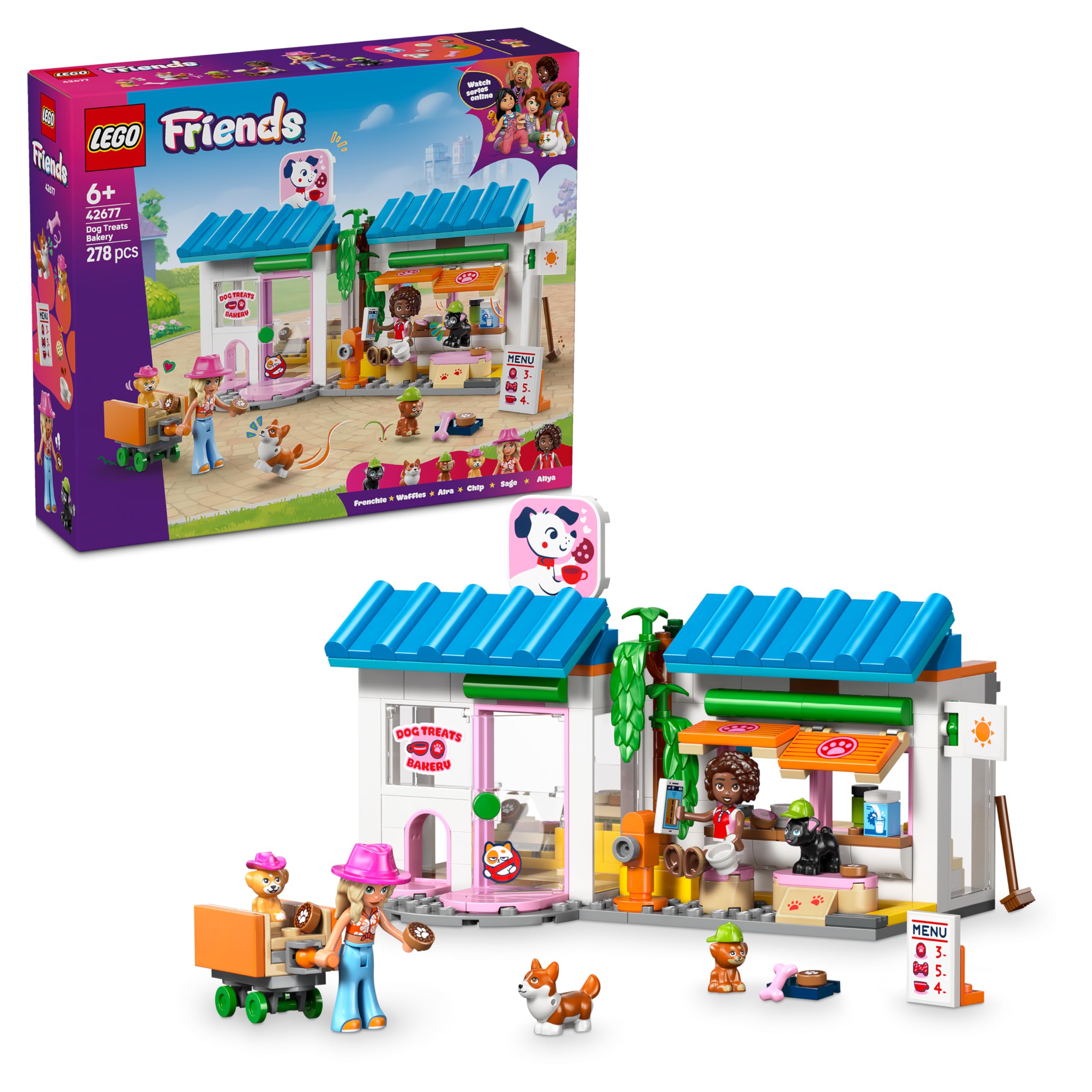 LEGO Friends dog cake bakery - children's shop with 2 mini dolls, 4 animal figures, animal carrier bag and toy food accessories - birthday gift for girls aged 6 and over - 42677