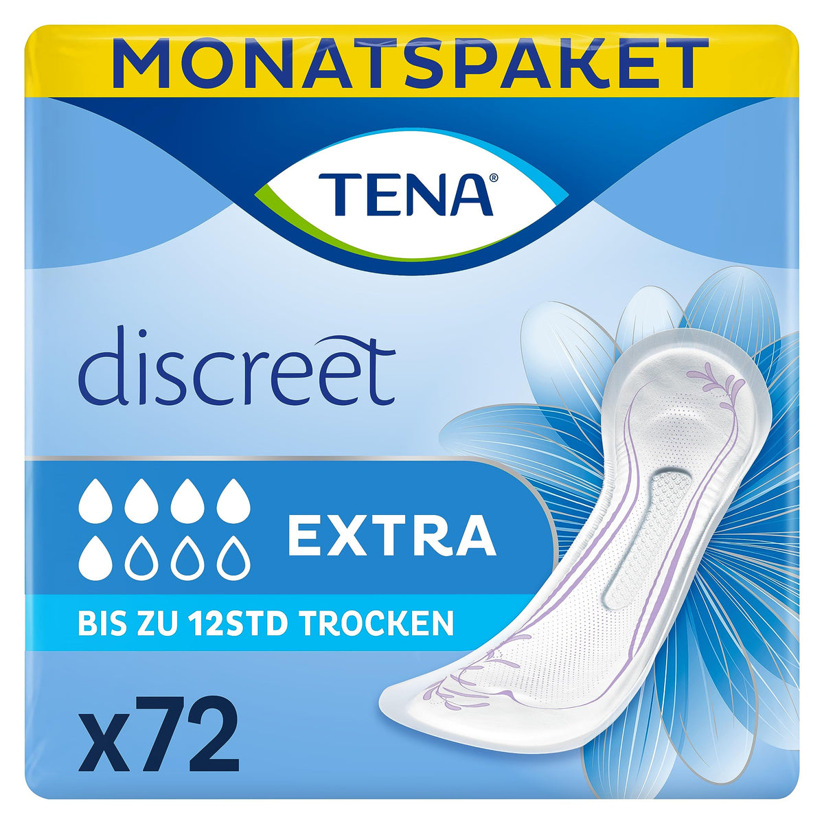 TENA Discreet Extra - 72 pads in a monthly package (6 x 12 pieces), individually wrapped - hygiene pads for women - for moderate bladder weakness and incontinence. - 7322540892840
