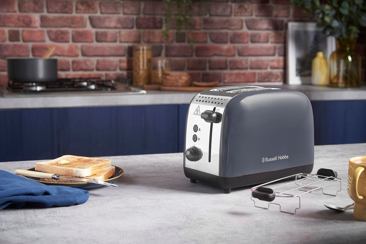 Russell Hobbs Toaster [for 2 slices] Colours Plus Stainless Steel Grey (extra wide toasting slots, includes bun warmer, 6 browning levels + defrost function, Lift & Look function, 1600W) 26552-56