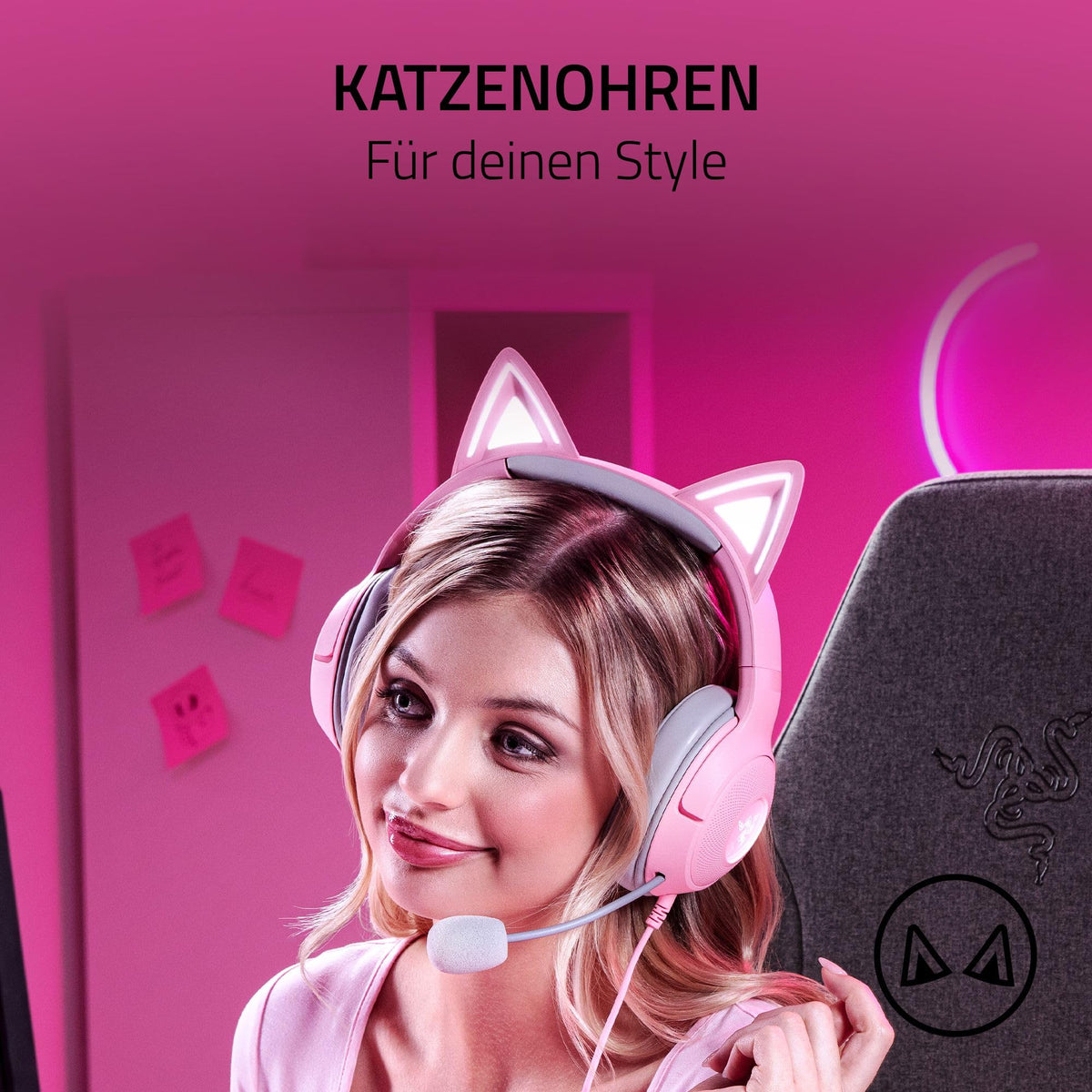 Razer Kraken Kitty V2 - Cască RGB cu fir cu urechi de pisică (Iluminare reactivă pentru streaming, microfon HyperClear, drivere Triforce de 40mm, sunet surround 7.1) Quartz - RZ04-04730200-R3M1