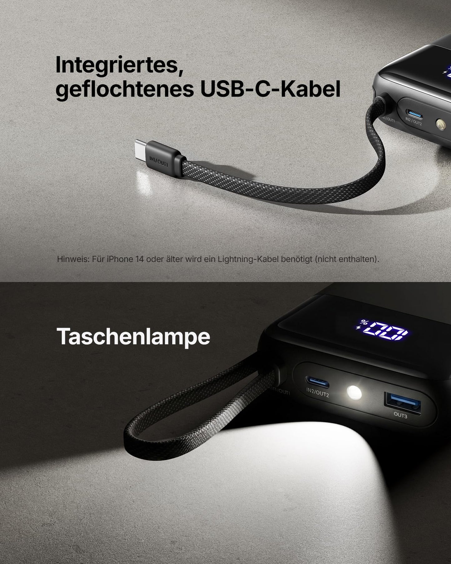 INIU 45W power bank, ultra small 20000mAh with integrated USB-C cable - P51L