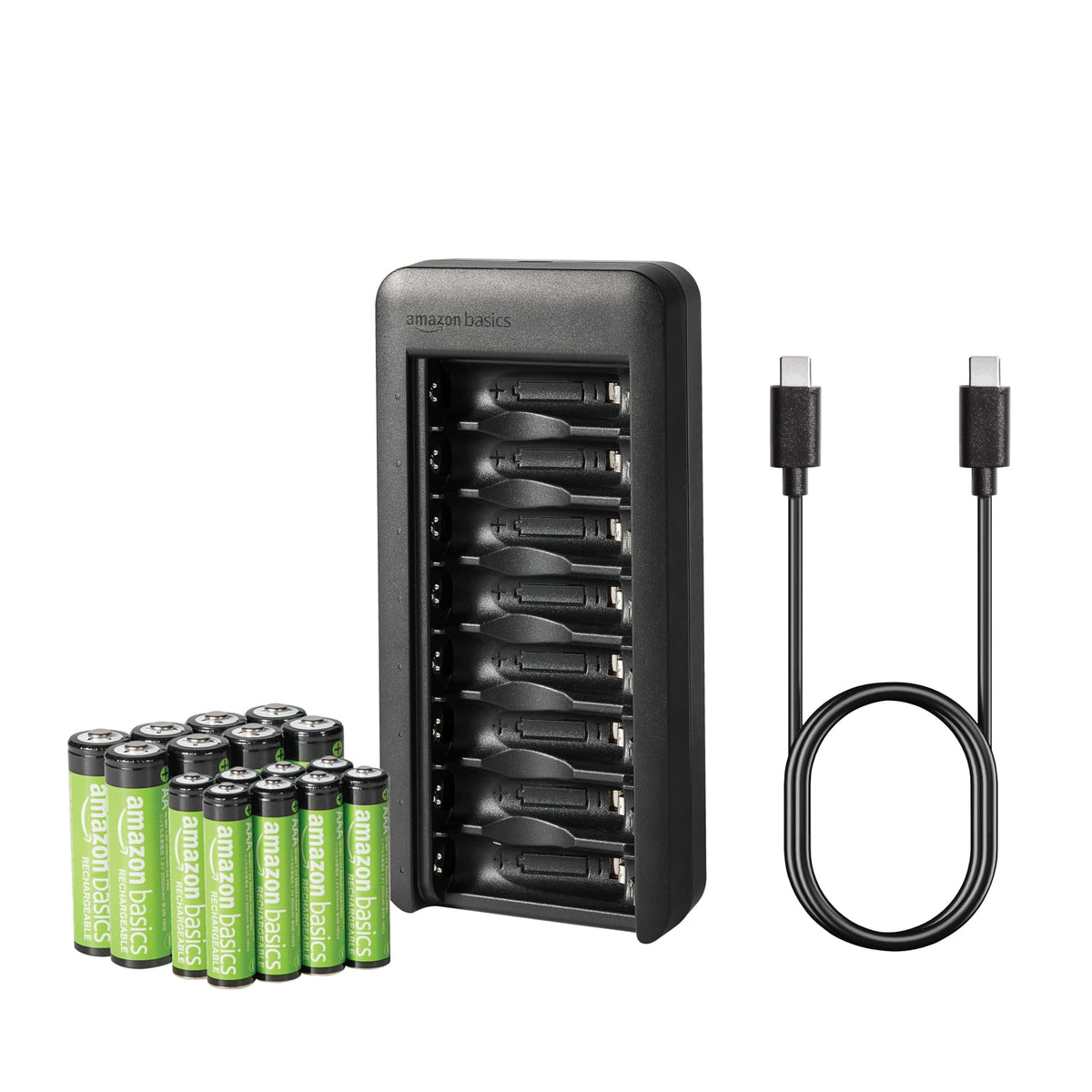 Set de baterii Amazon Basics, reîncărcabil, format din 8 x baterii AAA, NiMh, 800 mAh, + 8 x baterii AA, 2000 mAh, cu încărcător de baterii pentru 8 baterii, fără adaptor de rețea AC, conector USB-C, negru. - HFR-AA2000-AAA800-HPTCH0036