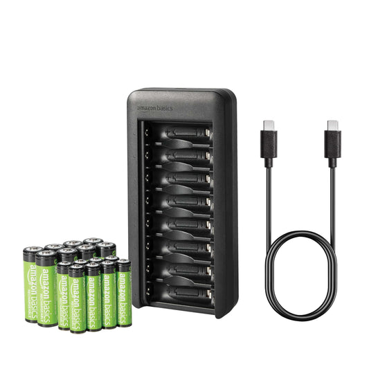 Amazon Basics Battery Set, rechargeable, consisting of 8 x AAA batteries, NiMh, 800 mAh, + 8 x AA batteries, 2000 mAh, with a battery charger that holds 8 batteries, without AC power adapter, USB-C connection, black. - HFR-AA2000-AAA800-HPTCH0036
