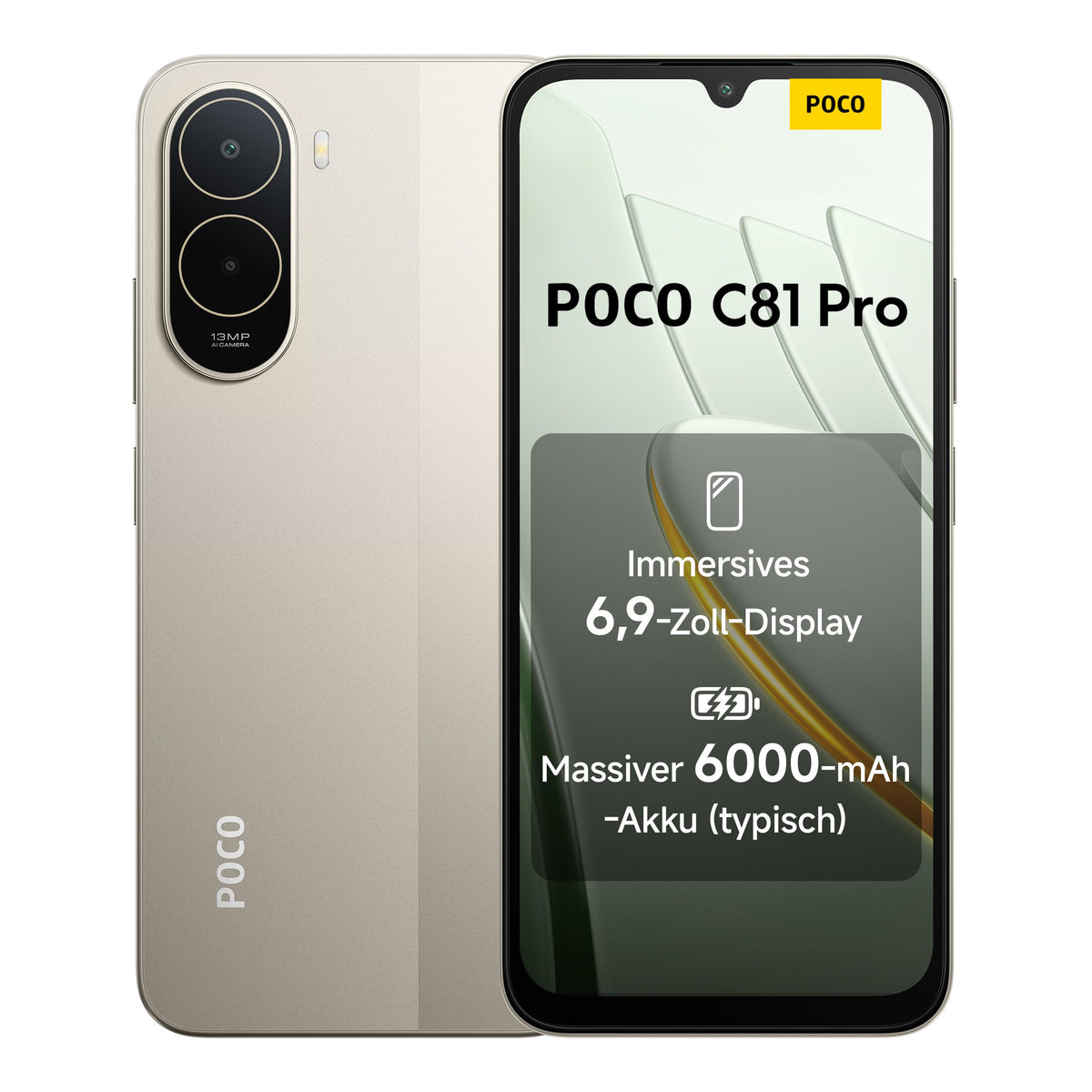Poco C81 Pro Smartphone, 4 GB + 256 GB, Handy, 6000 mAh Akku, 120 Hz Bildschirm, 6,9 Zoll Display, 13 MP AI-Doppelkamera, Gold, garanție suplimentară de 1 an