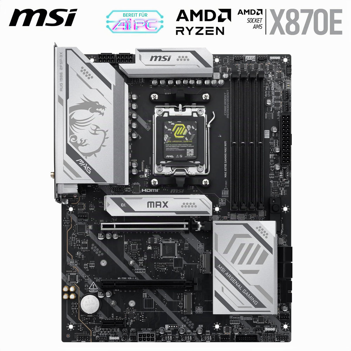 MSI MAG X870E Gaming MAX WiFi Placă de bază, ATX - Suportă procesoare AMD Ryzen 9000/8000/7000, AM5 - Memorie DDR5 Boost (până la 8200+ MT/s OC), PCIe 5.0 x16, M.2 Gen5, Wi-Fi 7, 5G LAN - 7E86-001R