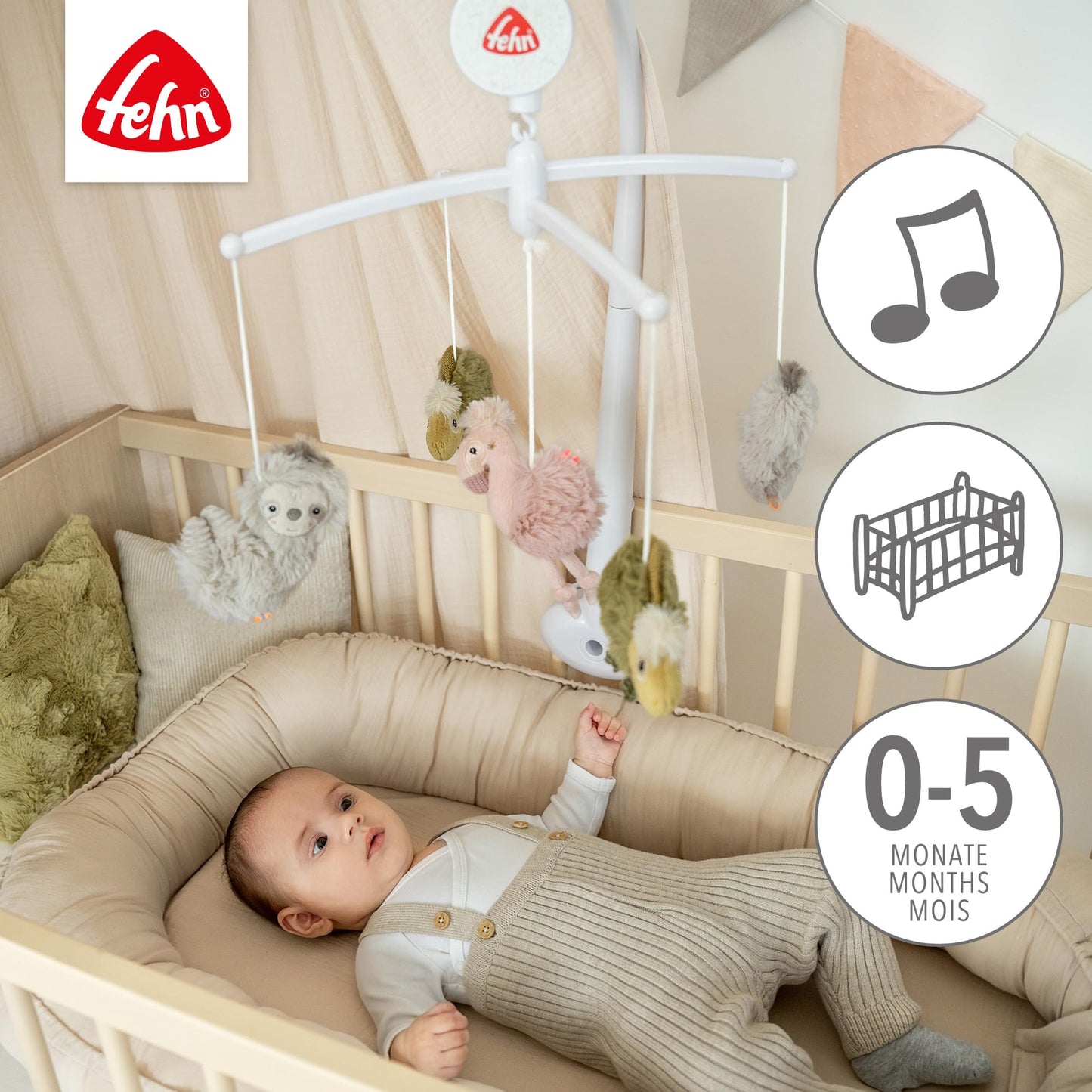 Fehn music mobile Lazy, Crazy & Pink - music mobile with music box melody "Brahm's lullaby" - sleep aid for calming and activity - with baby bed attachment for babies from 0-5 months - 42160