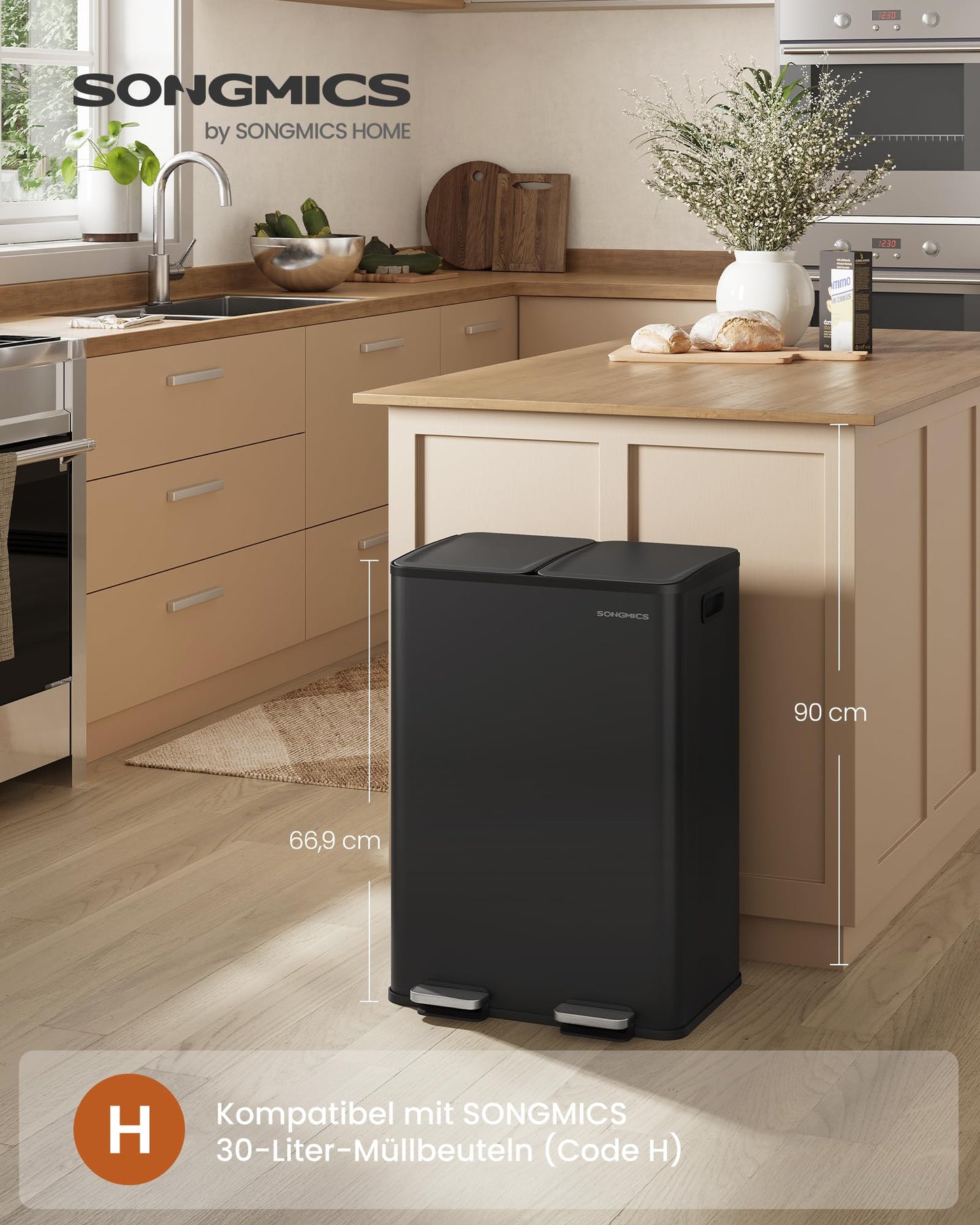 SONGMICS kitchen trash can, 2 x 30 liters, 2 compartments, trash can, pedal trash can, kitchen trash can with soft close lid and inner bucket, steel, including 15 trash bags, ink black LTB741B02
