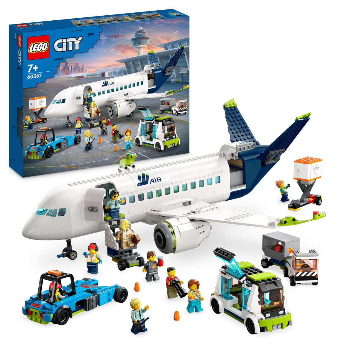 LEGO 60367 City Passenger Airplane Toy Set, large airplane model with airport ground crew vehicles: apron bus, pushback tug, catering loader, baggage cart, and 9 minifigures.