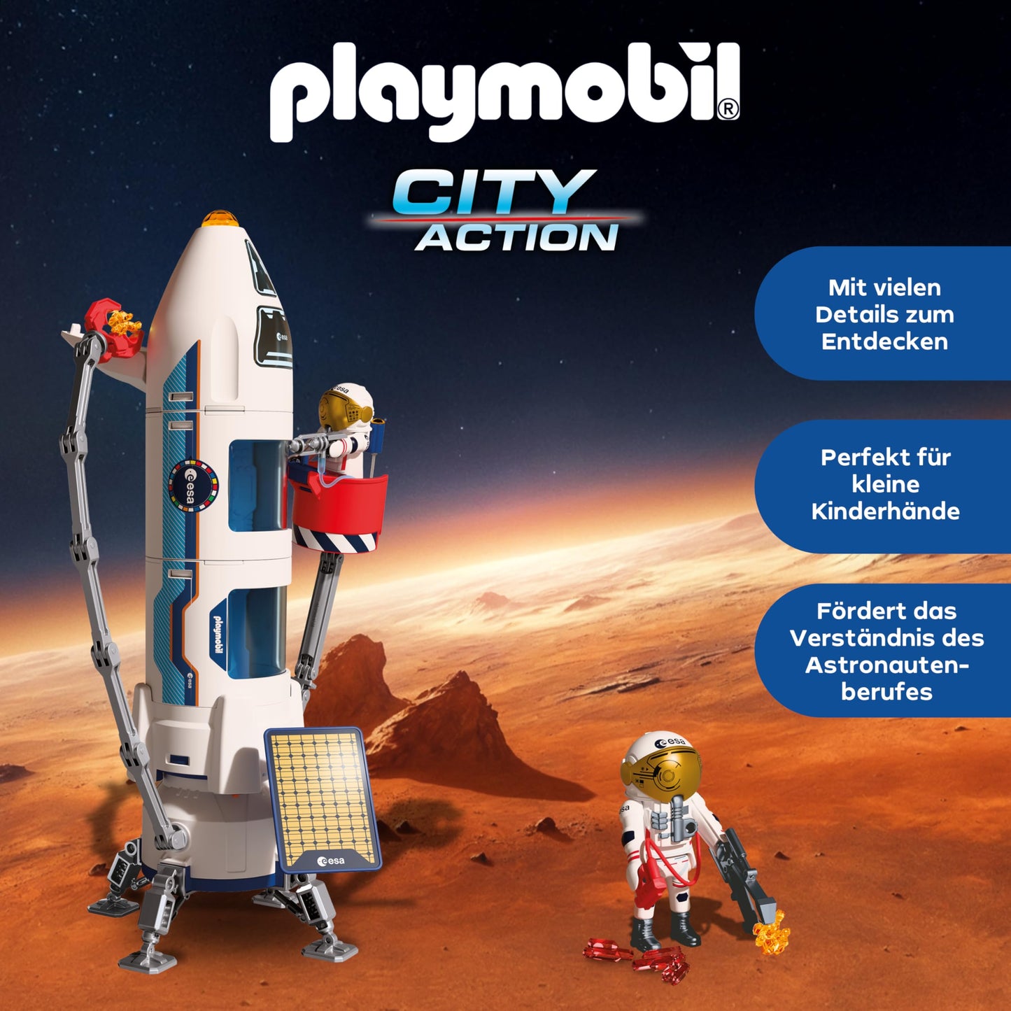PLAYMOBIL Space ESA Mars research rocket | Modular rocket with launch pad and 2 astronauts | High quality space toy set | For children aged 4 and over | 72011