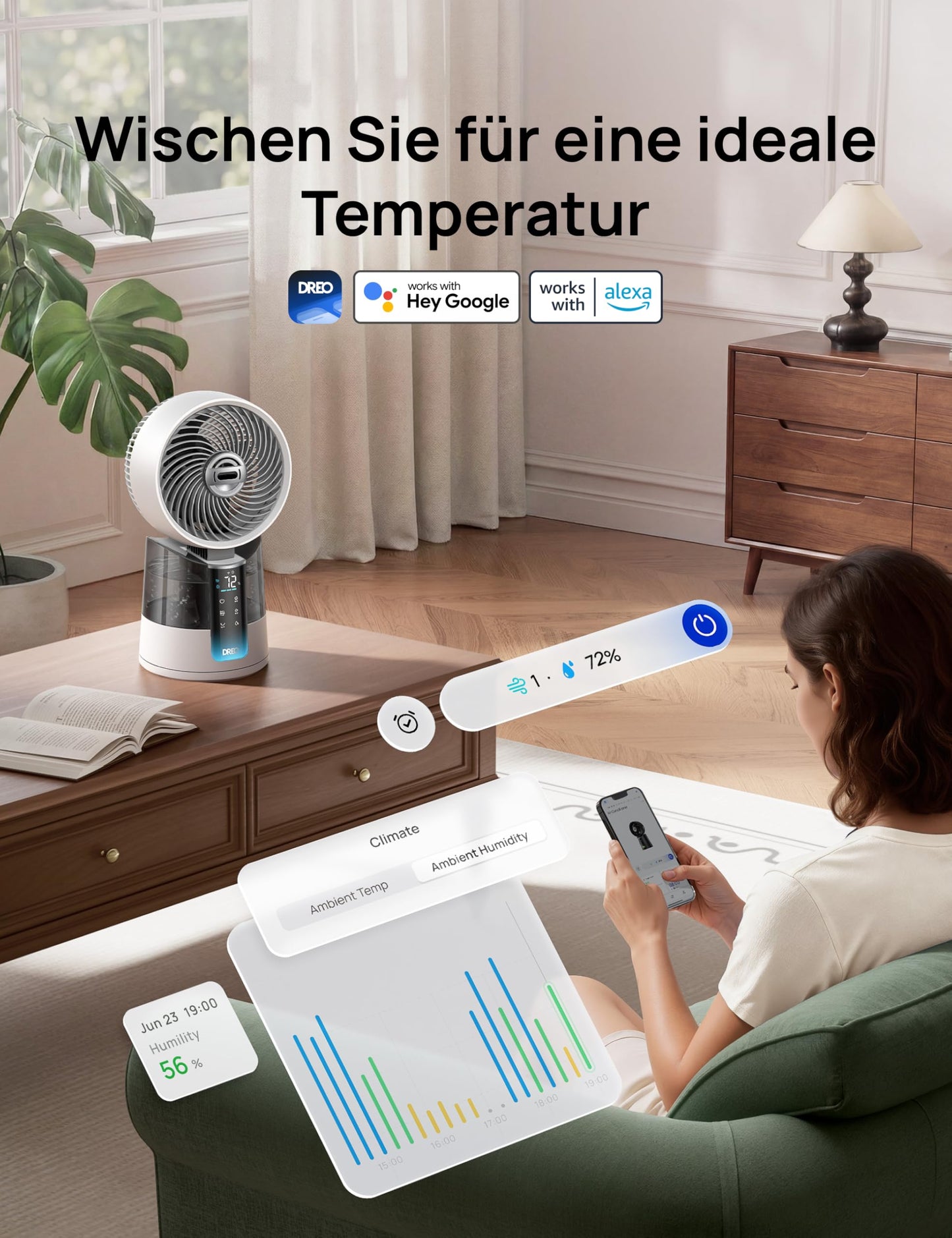 DREO TurboCool Mist Fan 516S, table fan with 150°+30° oscillation, evaporative cooler, 7.9 m/s, ultra-fine mist, 20 dB quiet, 6 speeds, 2 modes, app & remote control, RGB, white - DR-HEC006S