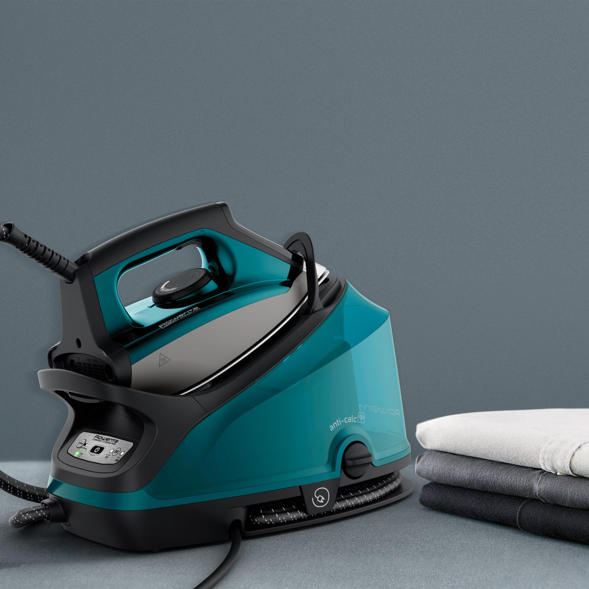Rowenta Compact Steam Pro Steam Ironing Station, 6.2 Bar High Pressure Steam, 310 G/Min Steam Boost, 1.1 L Water Tank, Compact Design, Efficient Limescale Collector, Plastic, X-Large, Blue/Black, DG7621