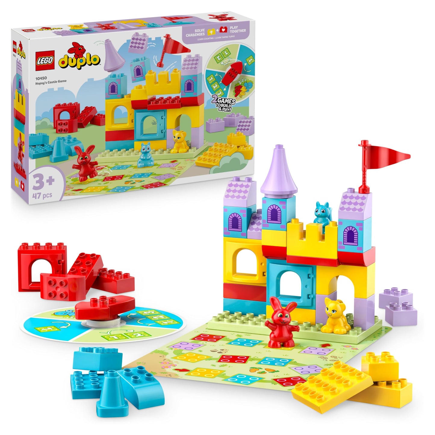 LEGO DUPLO Hopsys castle game - educational toy to promote motor skills for toddlers - 3 animal figures, toy castle & board game with turntable - gift for girls and boys aged 3 and over - 10450
