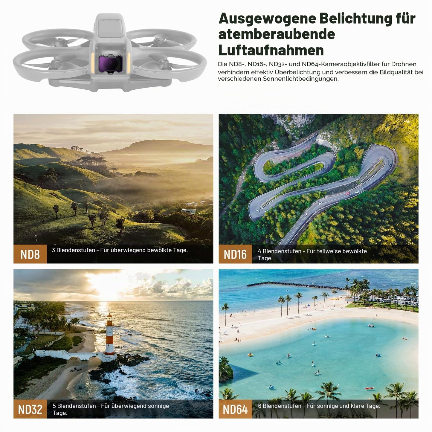 NEEWER Pack of 4 ND filter set, compatible with DJI Avata 2, neutral density filter ND8/ND16/ND32/ND64, drone lens accessories, double-sided coated HD glass. No interference with the lens cover - 10104776