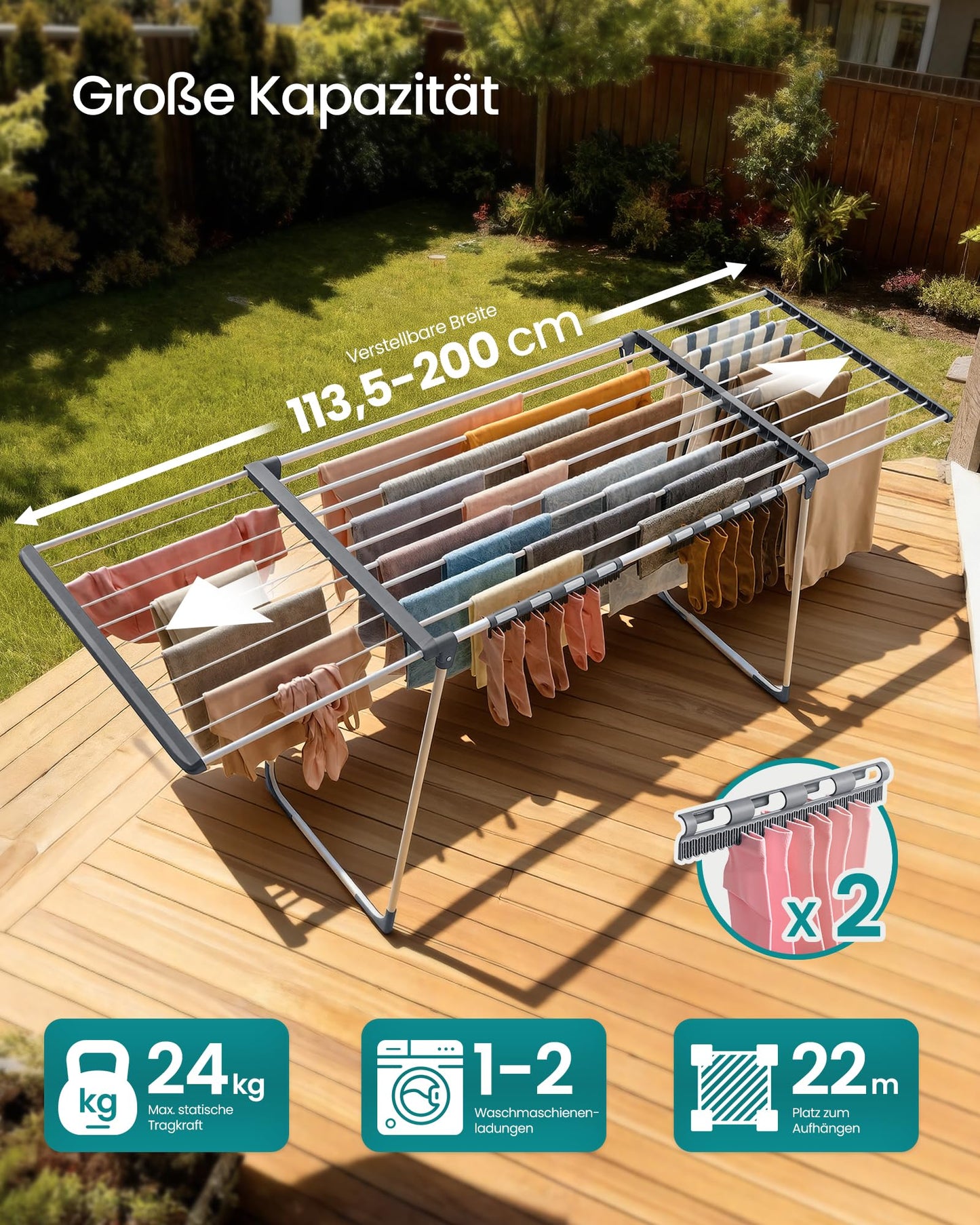 SONGMICS clothes airer, floor dryer, extendable wings, wing clothes airer, 22 m drying area, wing clothes dryer with sock holder, foldable, pearl white-dove gray LLR522WK01
