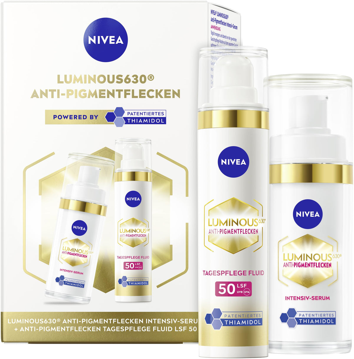 Set cadou NIVEA CELLULAR LUMINOUS630, fluid de zi și ser intensiv, îngrijire pentru față cu SPF 50 (40 ml) și ser (30 ml), set de îngrijire cu Thiamidol împotriva petelor pigmentare. - 93631-01003-25