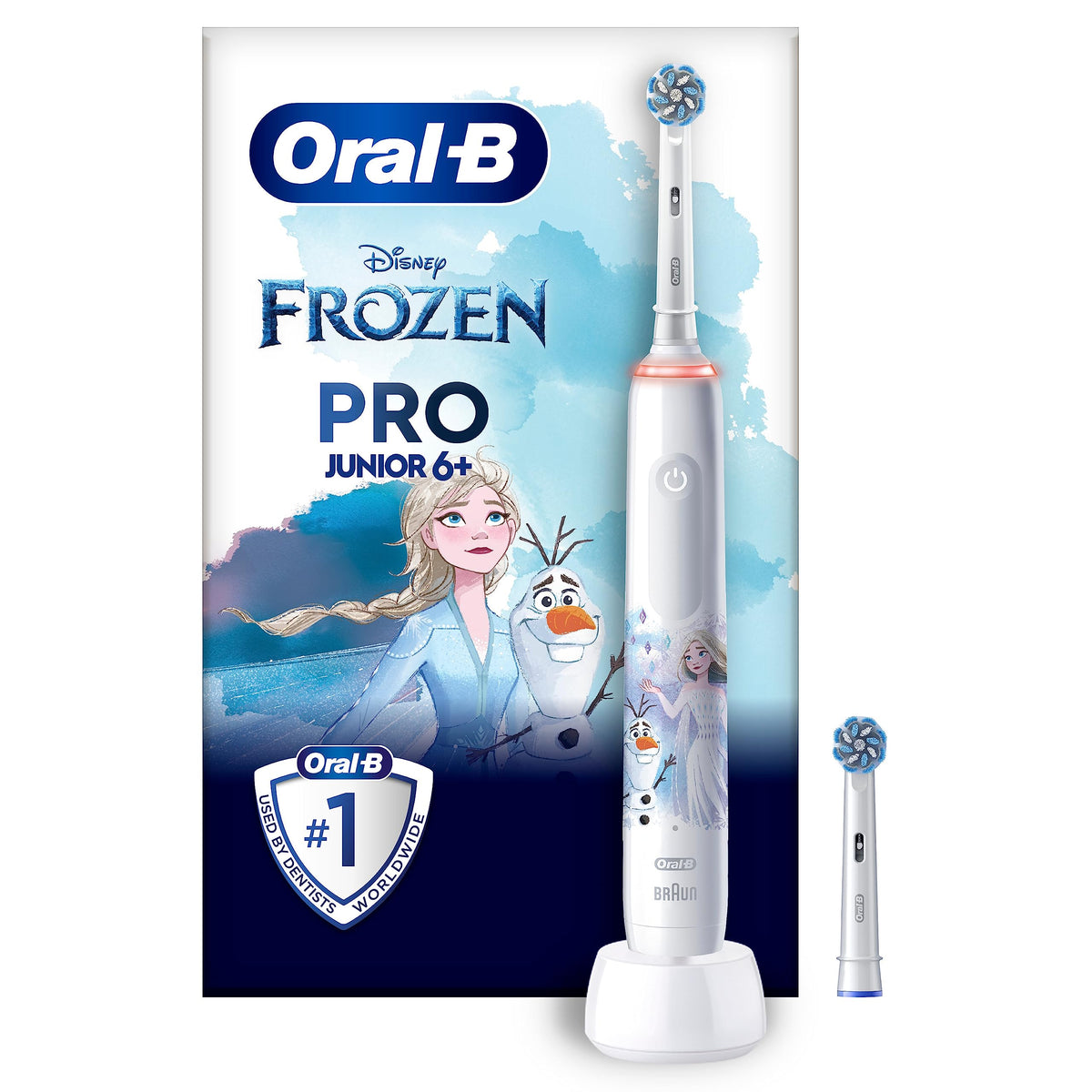 Periuță de dinți electrică Oral-B Pro Junior Frozen pentru copii de la 6 ani, 2 capete de periuță, control al presiunii 360°, 2 moduri de curățare inclusiv mod sensibil pentru îngrijirea dinților, perii moi, albă. - 8006540774724