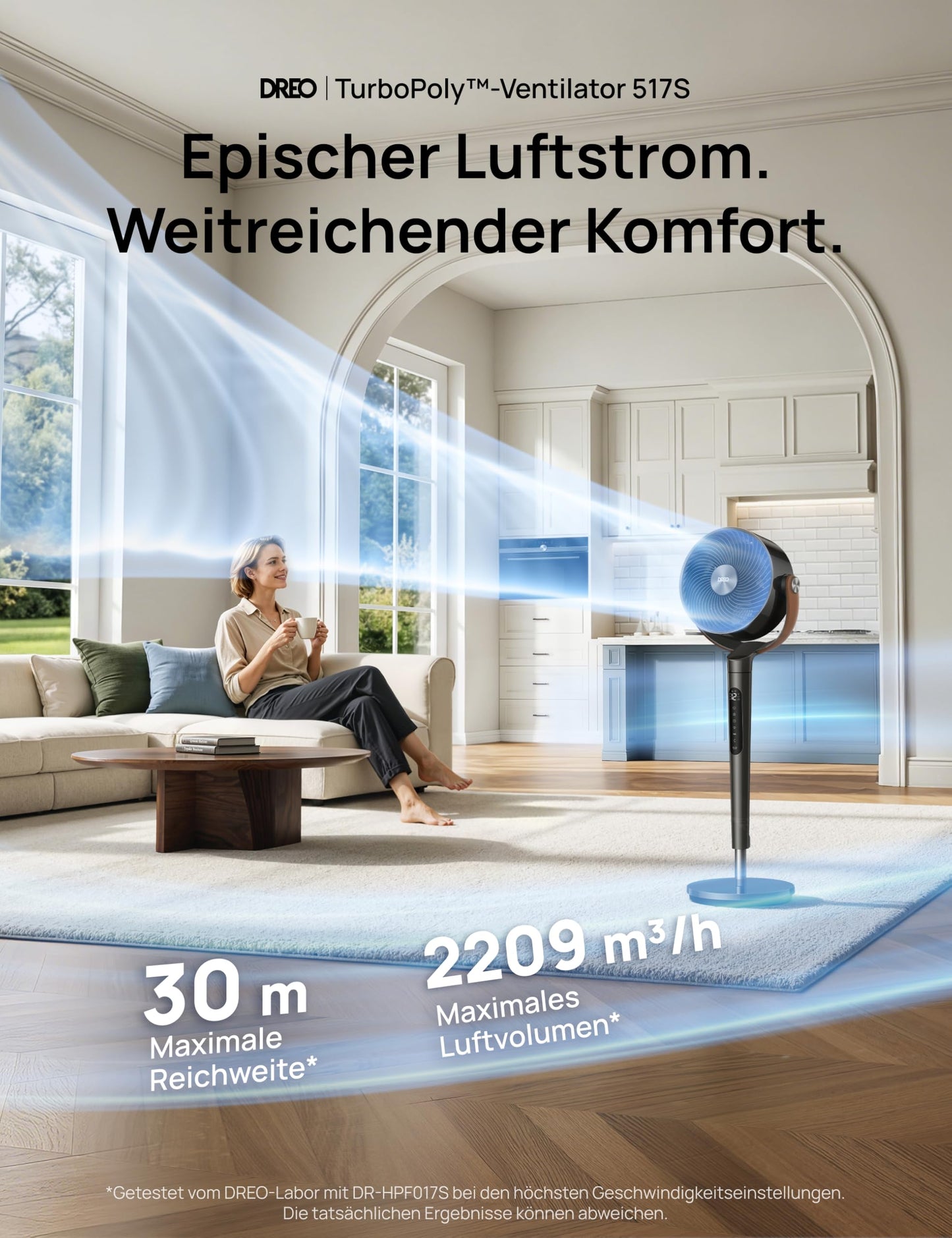 DREO 20dB quiet smart pedestal fan for bedrooms with RGB LED, 150°+120° oscillation, 30m air circulation fan and 2209m³/h air volume, 12 speeds, 6 modes, 94-107cm height, WiFi & Alexa - DR-HAF003S