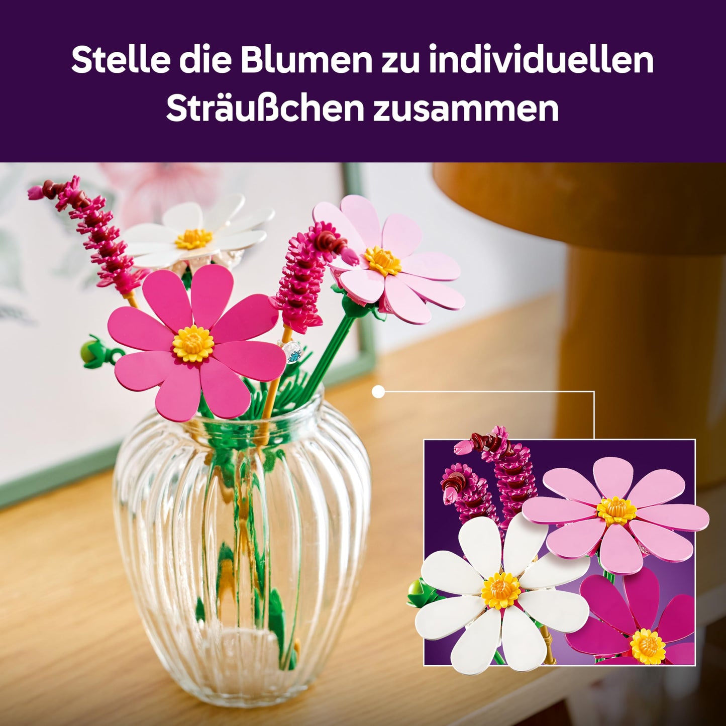 LEGO Botanicals Kosmeen - Artificial flower bouquet with 3 cosmos and 2 Pennisetum grass stems - DIY artificial flowers for children's room decoration - Birthday gift for girls aged 9 and up & adults - 11514