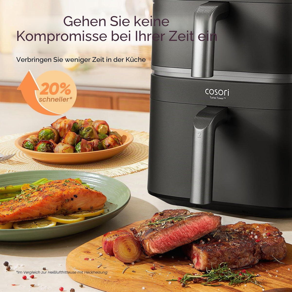 COSORI Air Fryer Turbo Tower 10.8L, Oil-Free Fryer with 2 Drawers, 3 Cooking Levels, 6-in-1, Compact and Stackable Design, 41% Less Large than Traditional Double Air Fryers, 20+ Recipes - CAF-DC111-AEU
