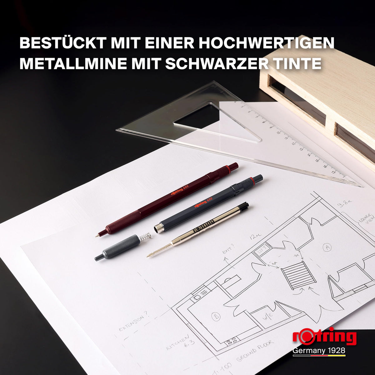 rOtring 600 Ballpoint Pen | Medium Tip | Black Ink | Full Metal Body | Chocolate Brown | Non-slip, knurled grip zone and hexagonal barrel | Refillable - SAP_2204407