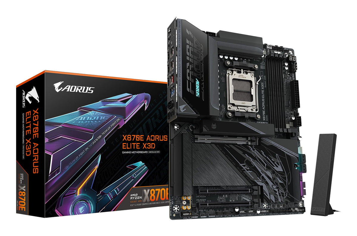 Placa de bază GIGABYTE X870E AORUS Elite X3D – Suportă procesoarele AMD Ryzen 9000, VRM digital 16+2+2 faze, până la 9000 Hz DDR5 (OC), 2 x PCIe 5.0 + 2 x PCIe 4.0, Wi-Fi 7, LAN 5 GbE, USB 4