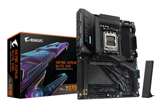 Placa de bază GIGABYTE X870E AORUS Elite X3D – Suportă procesoarele AMD Ryzen 9000, VRM digital 16+2+2 faze, până la 9000 Hz DDR5 (OC), 2 x PCIe 5.0 + 2 x PCIe 4.0, Wi-Fi 7, LAN 5 GbE, USB 4