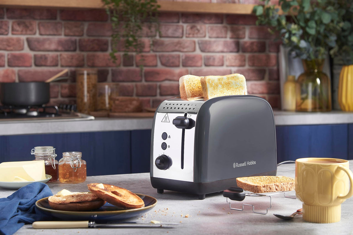 Russell Hobbs Toaster [for 2 slices] Colours Plus Stainless Steel Grey (extra wide toasting slots, includes bun warmer, 6 browning levels + defrost function, Lift & Look function, 1600W) 26552-56