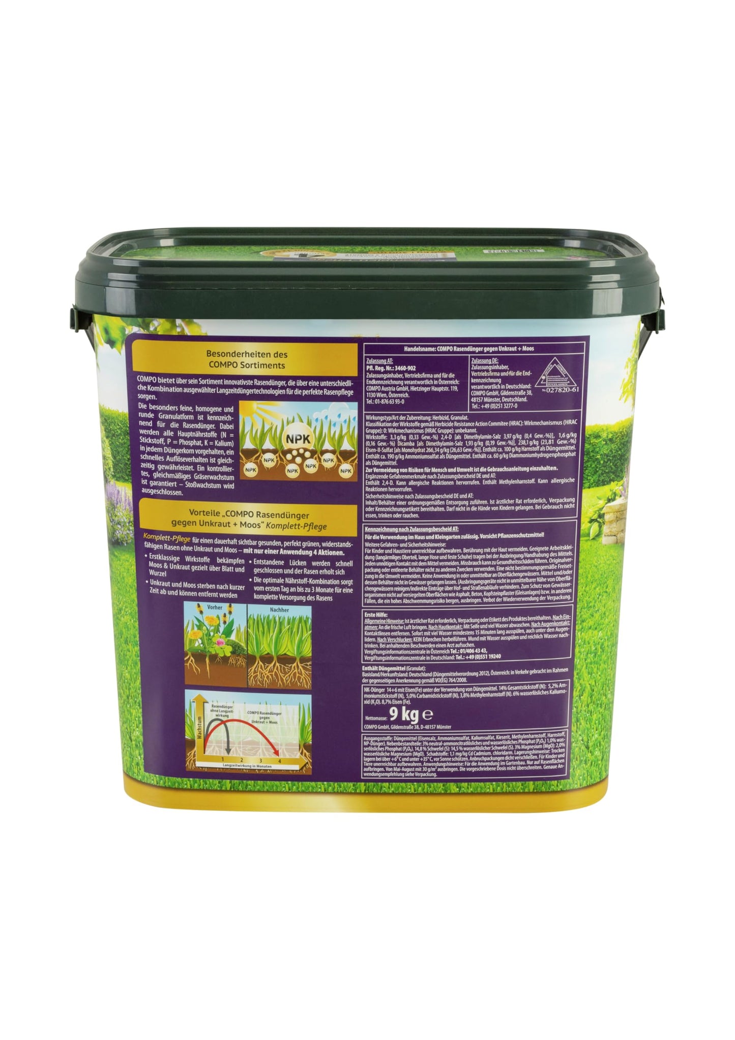 COMPO lawn fertilizer against weeds and moss complete care lawn fertilizer with weed killer, moss killer, 3 months long-term effect 9 kg, for 300m² - 26173