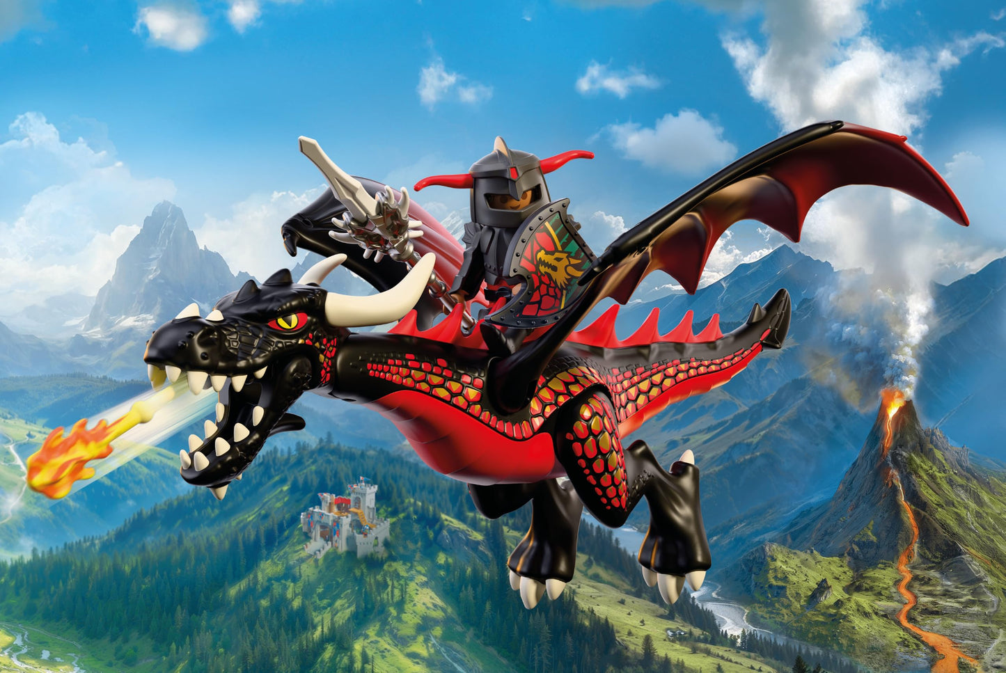 PLAYMOBIL | Knights | Black Dragon | Large fire dragon with shooting function and knight | Dragon toy for children aged 4 and up | 72114