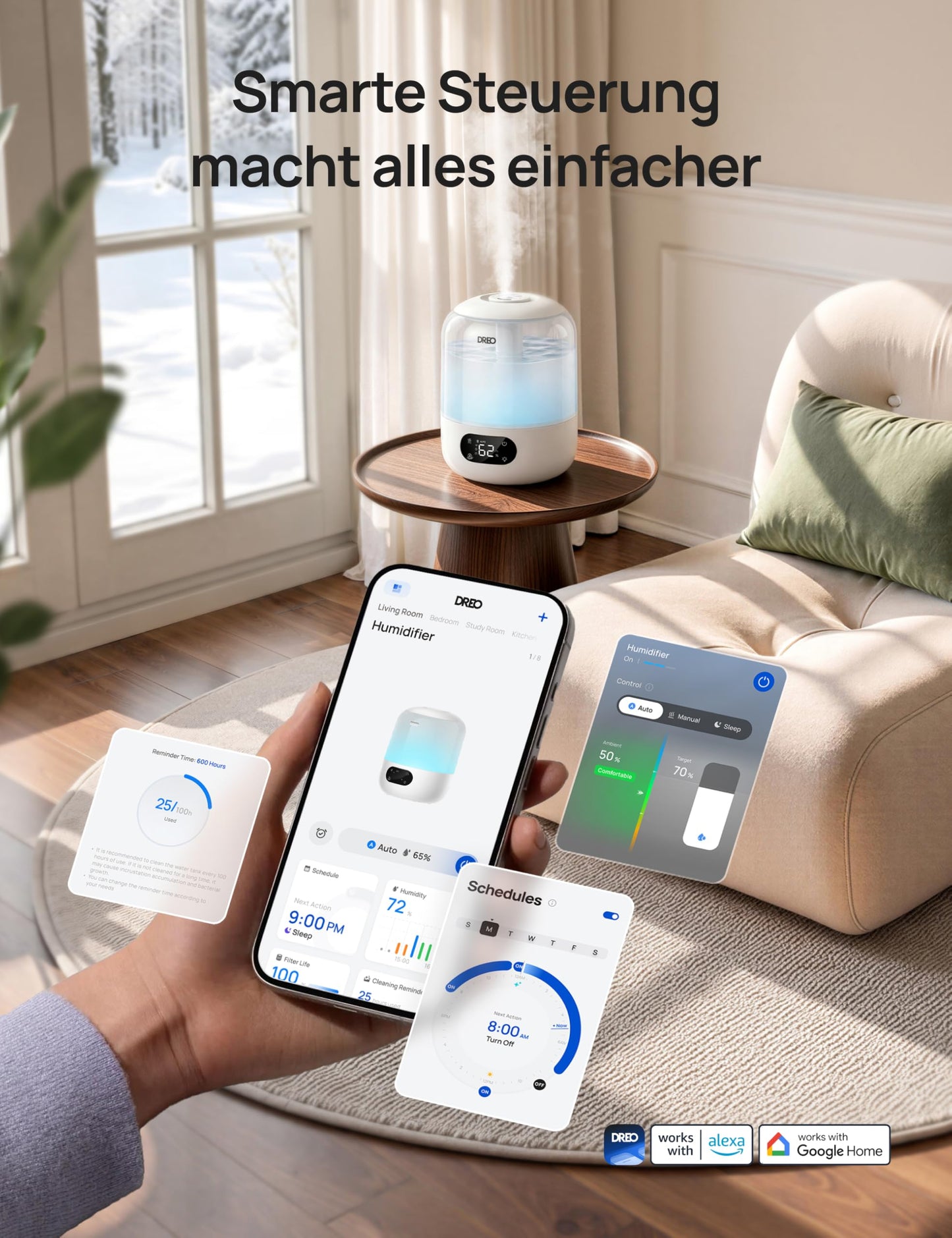 DREO humidifier bedroom, ultrasonic cold mist with WiFi/app control, humidity sensor, RGB ambient light, 3L water tank, easy cleaning, up to 30 hours running time - DR-HHM006S