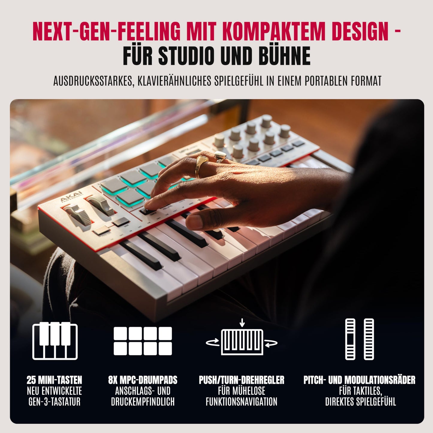 Akai Professional MPK Mini IV USB-C MIDI Keyboard Controller for Beginners and Producers - MPC Drum Pads, Pitch and Modulation Wheels, Music Production Software, Native Instruments Sound Pack, Gray - MPKMINI4W