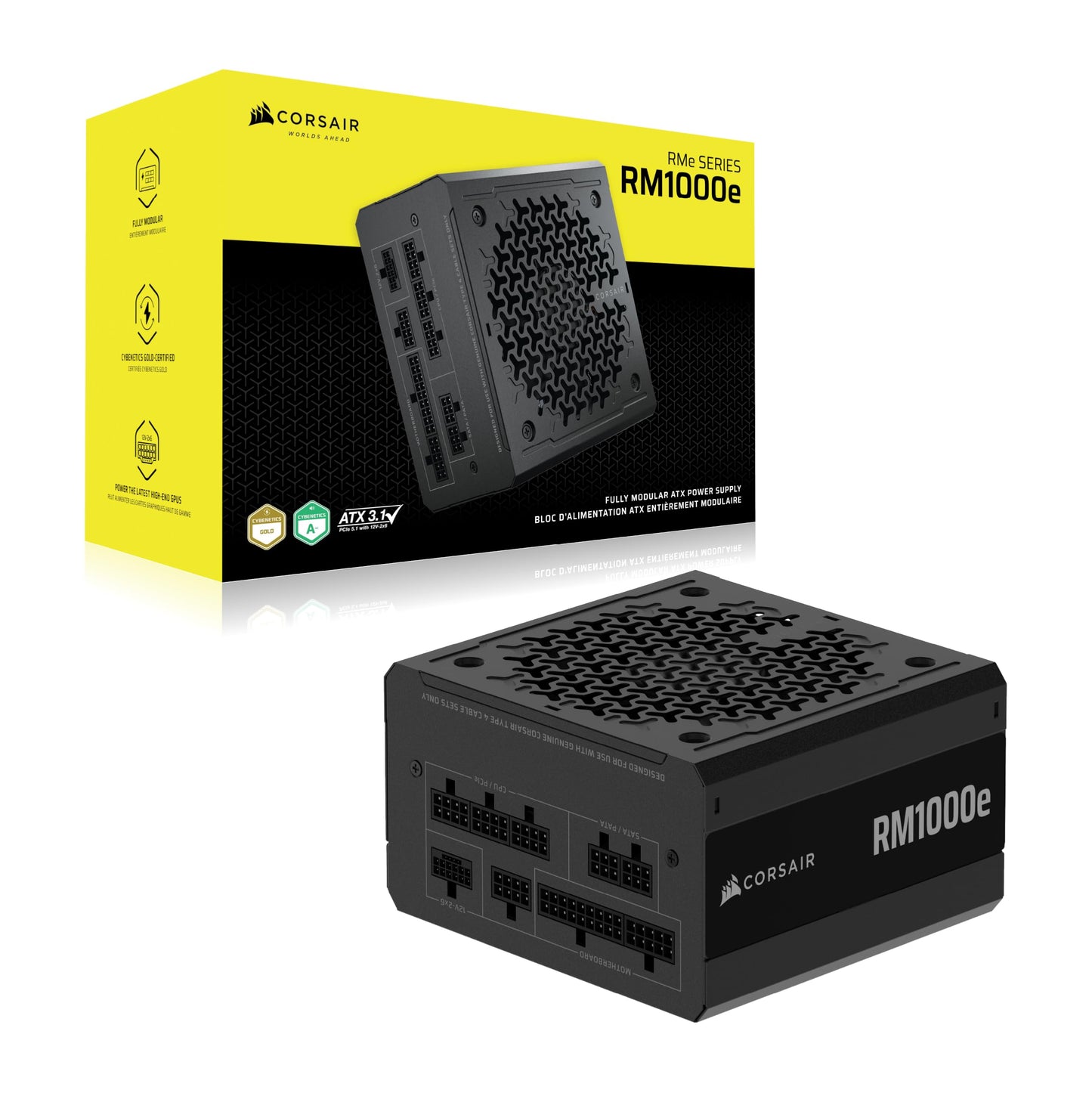 CORSAIR RM1000e (2025) Quiet Fully Modular ATX Power Supply with 12V 2x6 Cable - Zero RPM Fan Mode, ATX 3.1 Compliant, PCIe 5.1 Support, Cybenetics Gold - Black - CP-9020297-EU