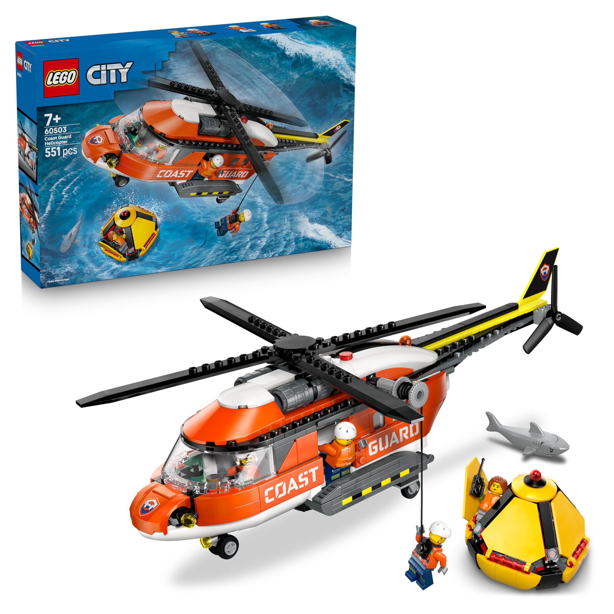 LEGO City Coast Guard Helicopter - Toy Emergency Vehicle - Model Building with Sliding Doors, Winch, 4 Minifigures and Shark Figure - Birthday Gift for Boys Ages 7 and Up - 60503