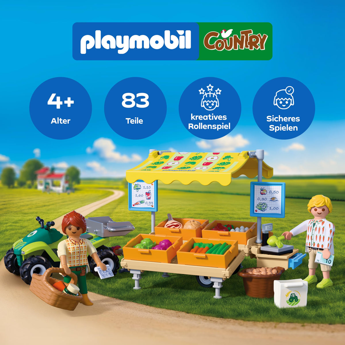 PLAYMOBIL | Country | Market Stall | Mobile sales stand with quad, fresh products & many accessories | For children aged 4 and up | 72164
