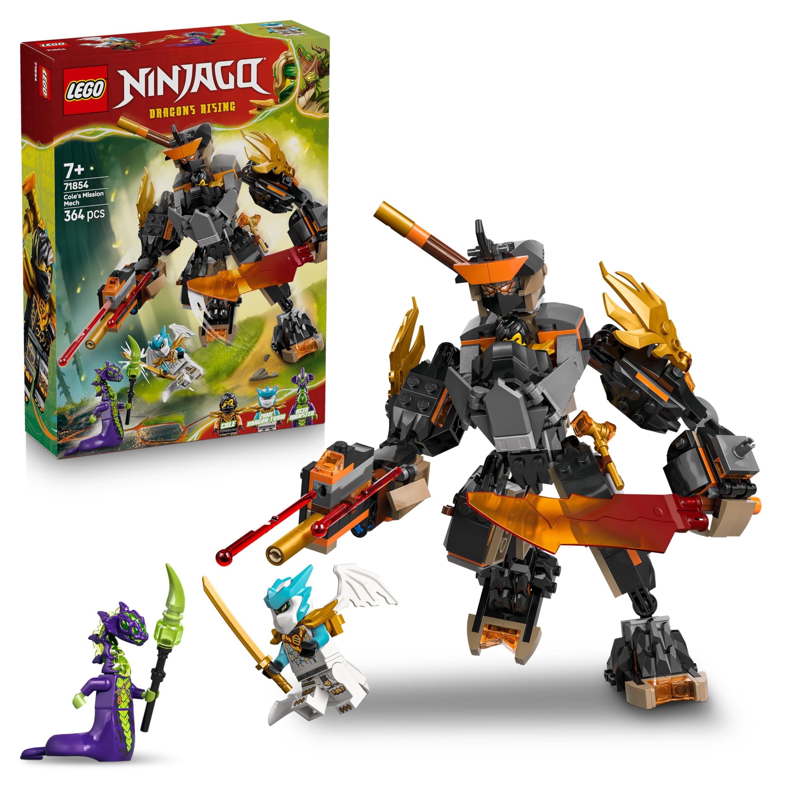 LEGO NINJAGO Coles Action Mech and Dragon Zane - Ninja toy for boys and girls - Model building with action figure, 3 minifigures and swords - Gift for children aged 7 and up - 71854
