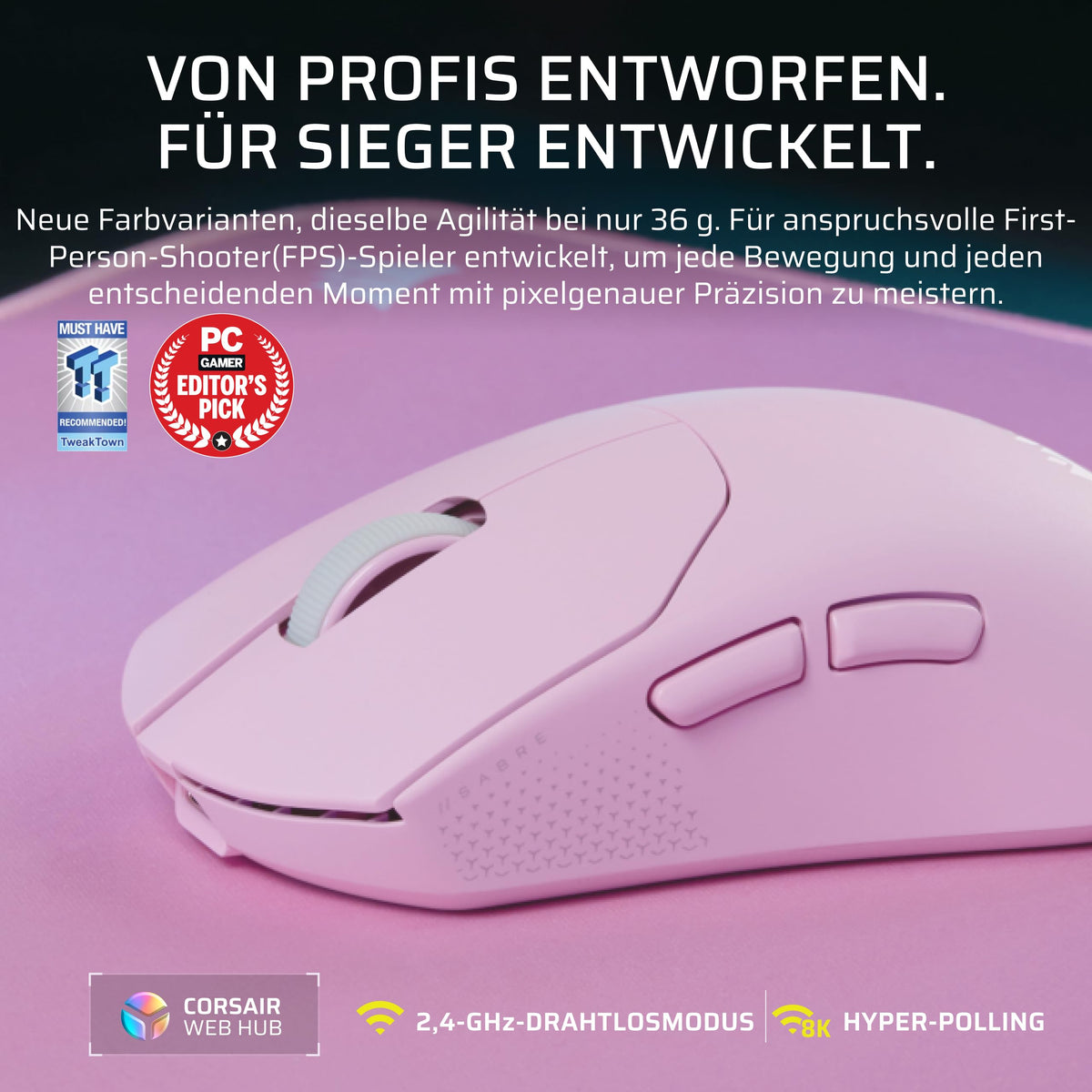 Corsair Sabre v2 PRO Ultralight Wireless FPS Gaming Mouse - Pink - CH-931G007-WW
